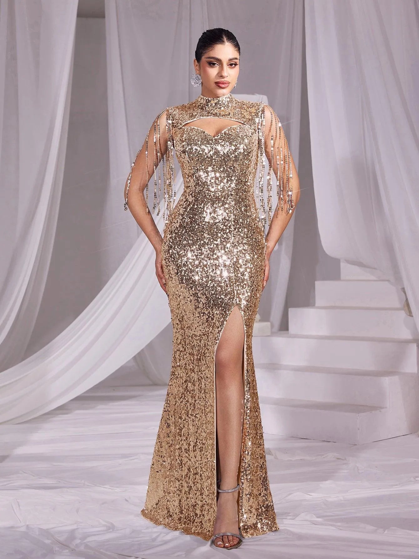 Sequin Mock Neck Mermaid Hem Evening Dress Silver / S Sequin Mock Neck Mermaid Hem Evening Dress Silver / S
