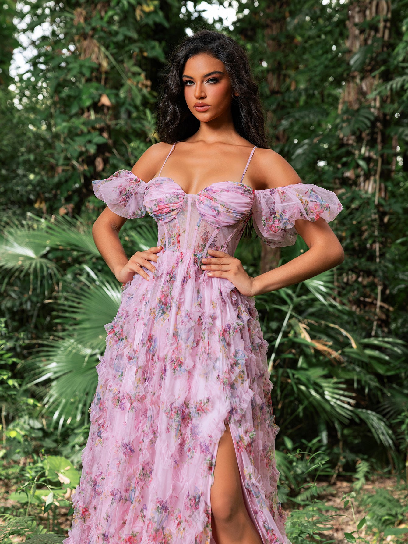 Floral Tulle Off Shoulder Cascading Ruffle Hem Slip Prom Dress Green / M Floral Tulle Off Shoulder Cascading Ruffle Hem Slip Prom Dress Green / M