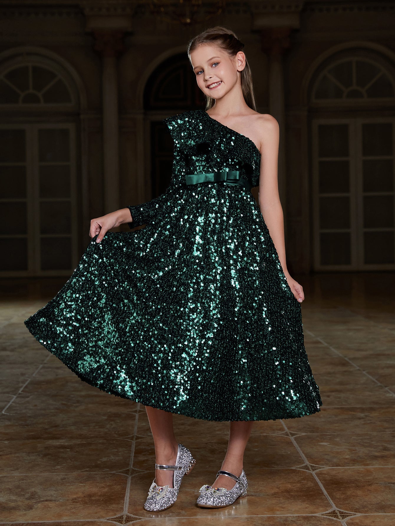 one shoulder ruffle trim dress Plus Women's One Shoulder Formal Dress | Statement Ruffle Trim Accent | Corset Back & High Split