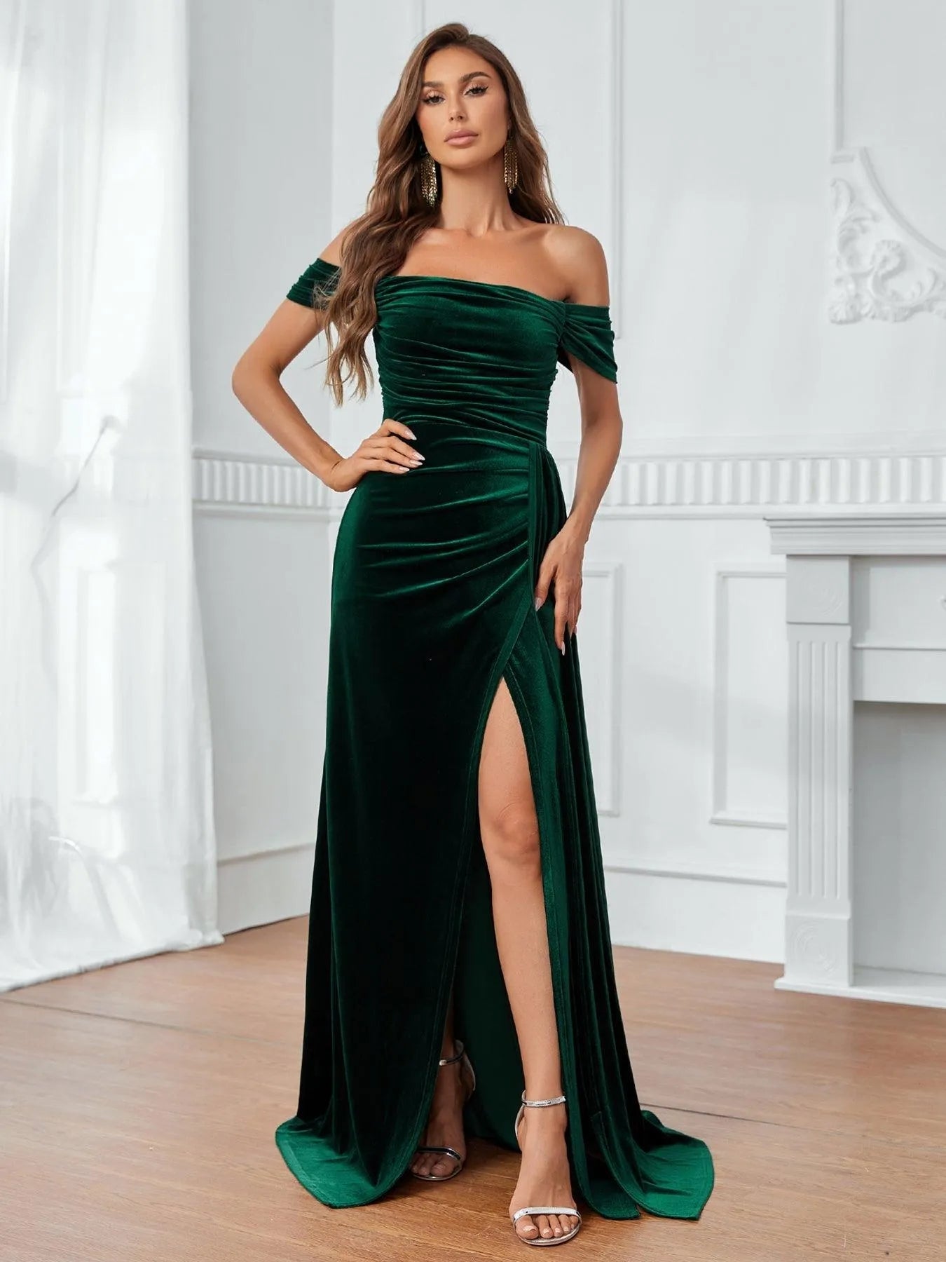Off Shoulder Ruched Front Draped Side Velvet Party Dress Dark Green / Xs Off Shoulder Ruched Front Draped Side Velvet Party Dress Dark Green / Xs