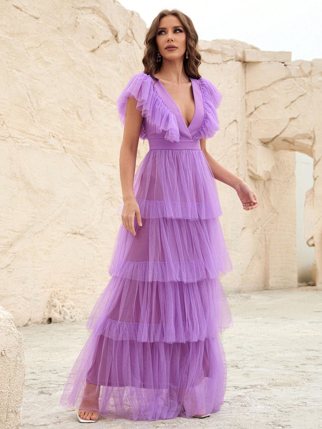 plunge neck ruffle dress Full On