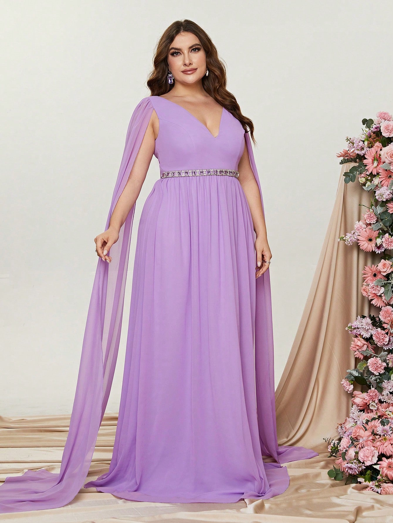 Plus Plunging Neck Rhinestone Waistband A Line Dress With Cape