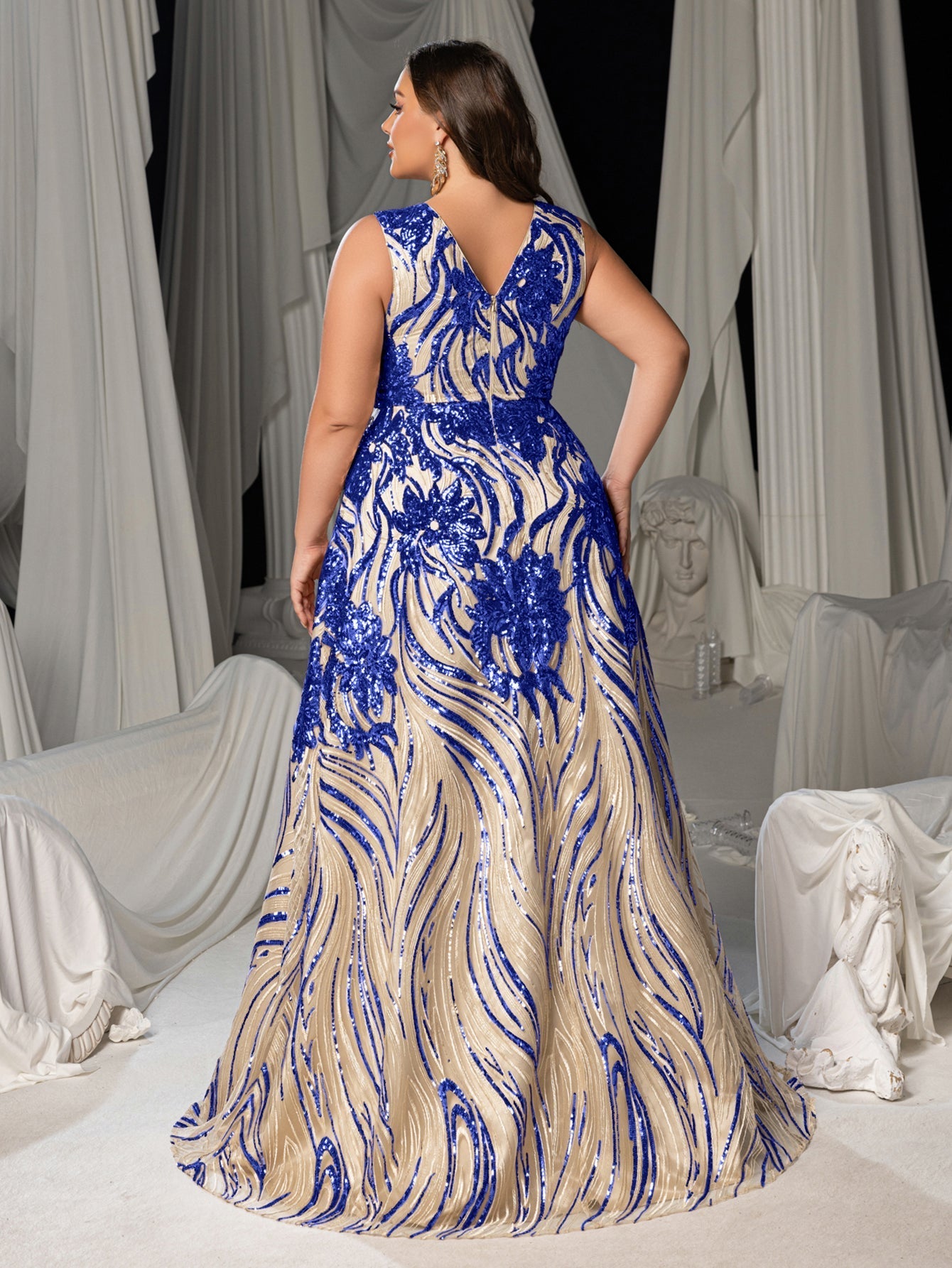 Plus Floral Sequin V Neck Sleeveless A-Line Formal Dress