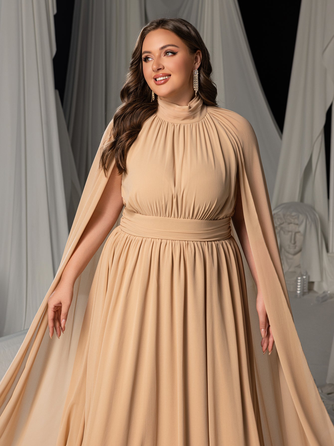 Plus Mock Neck Cloak Sleeves Chiffon Formal Cape Dress Champagne / 5XL Plus Mock Neck Cloak Sleeves Chiffon Formal Cape Dress Champagne / 5XL