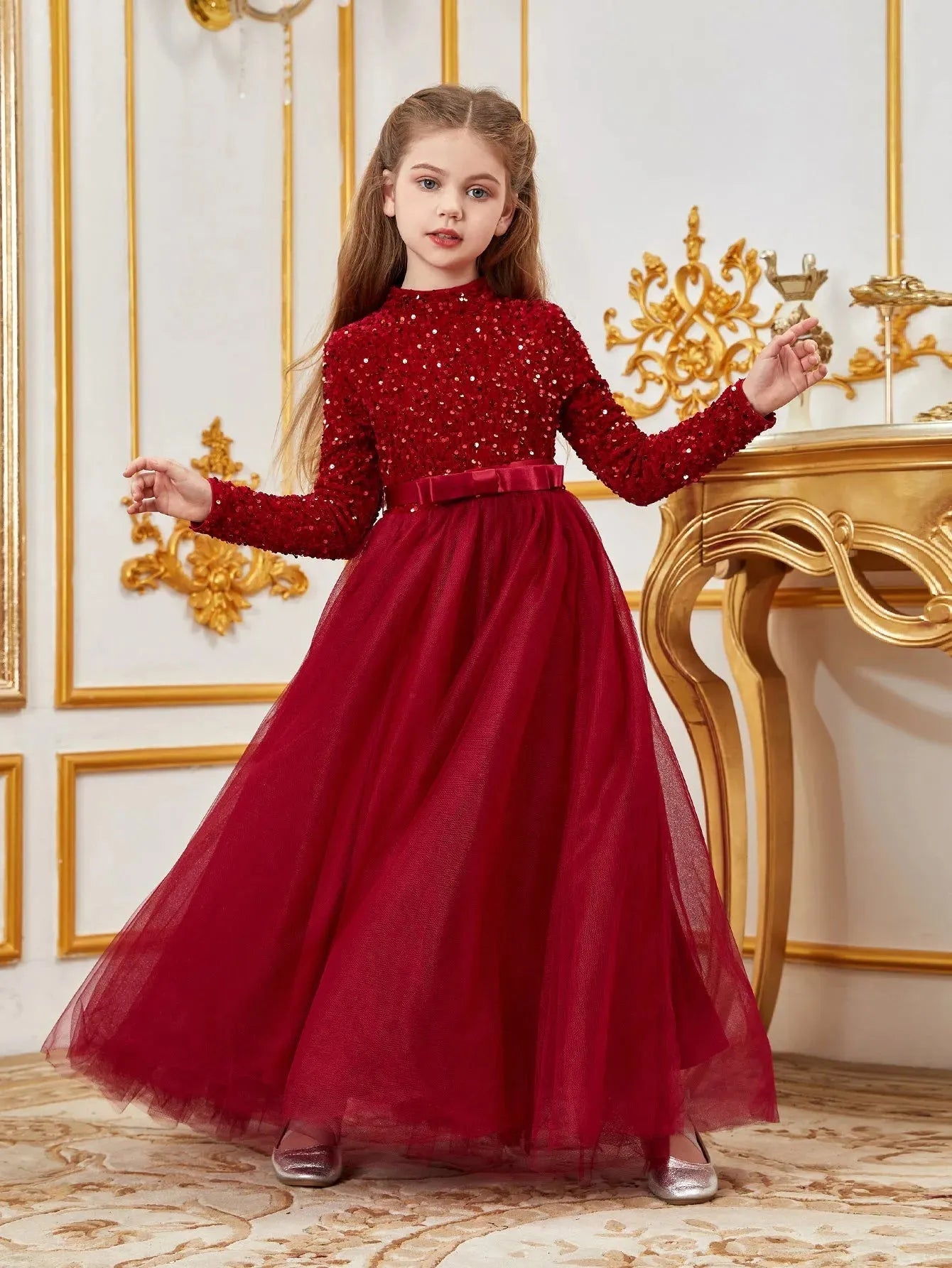 sequin holiday dress Tween Girls' Mock Neck Bow Detail Sequin Party Dress Red / 11Y