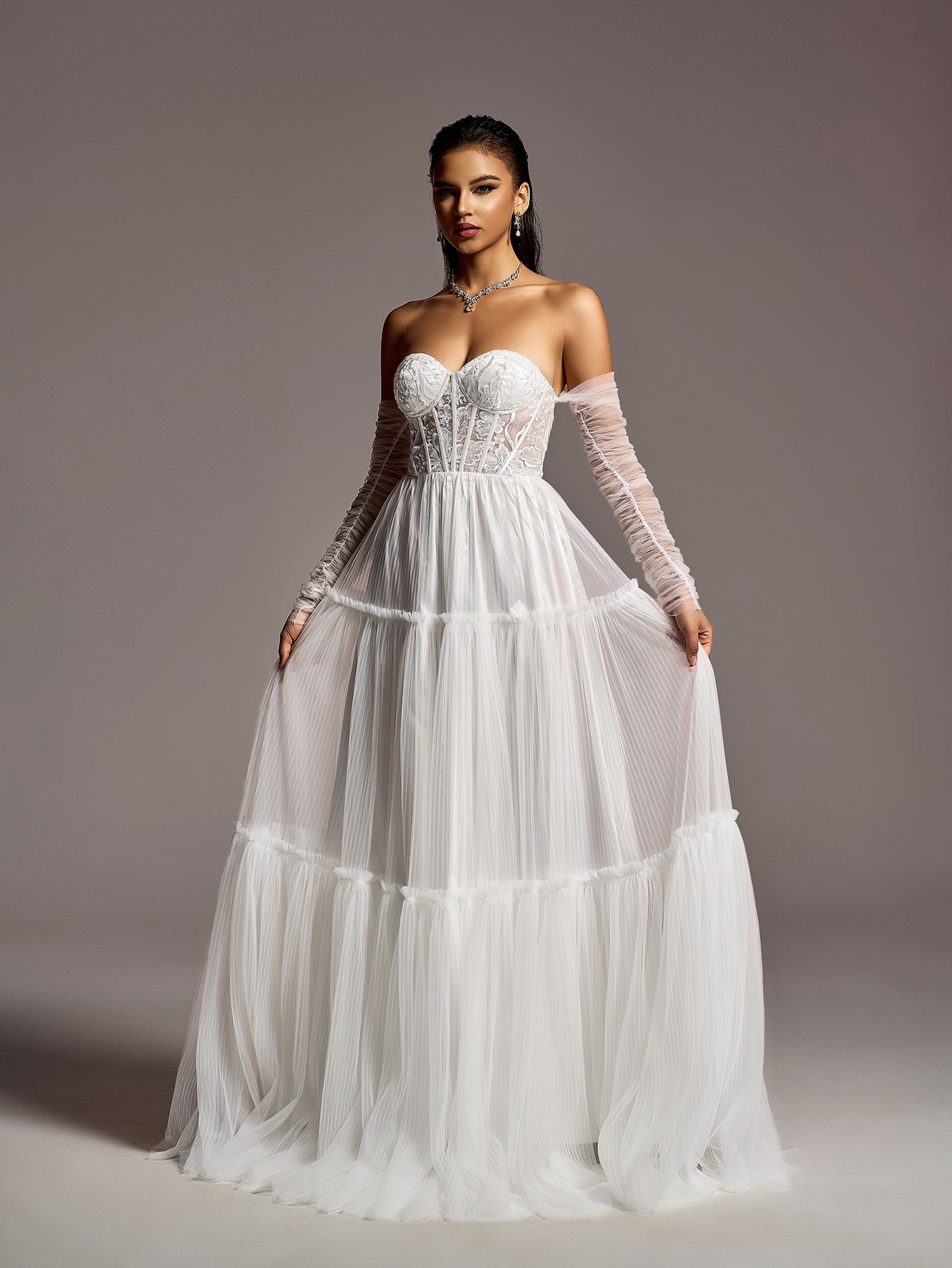Elegant Lace Corset Bodice Sheer Sleeves A-Line Tulle Wedding Dress White / L Elegant Lace Corset Bodice Sheer Sleeves A-Line Tulle Wedding Dress White / L