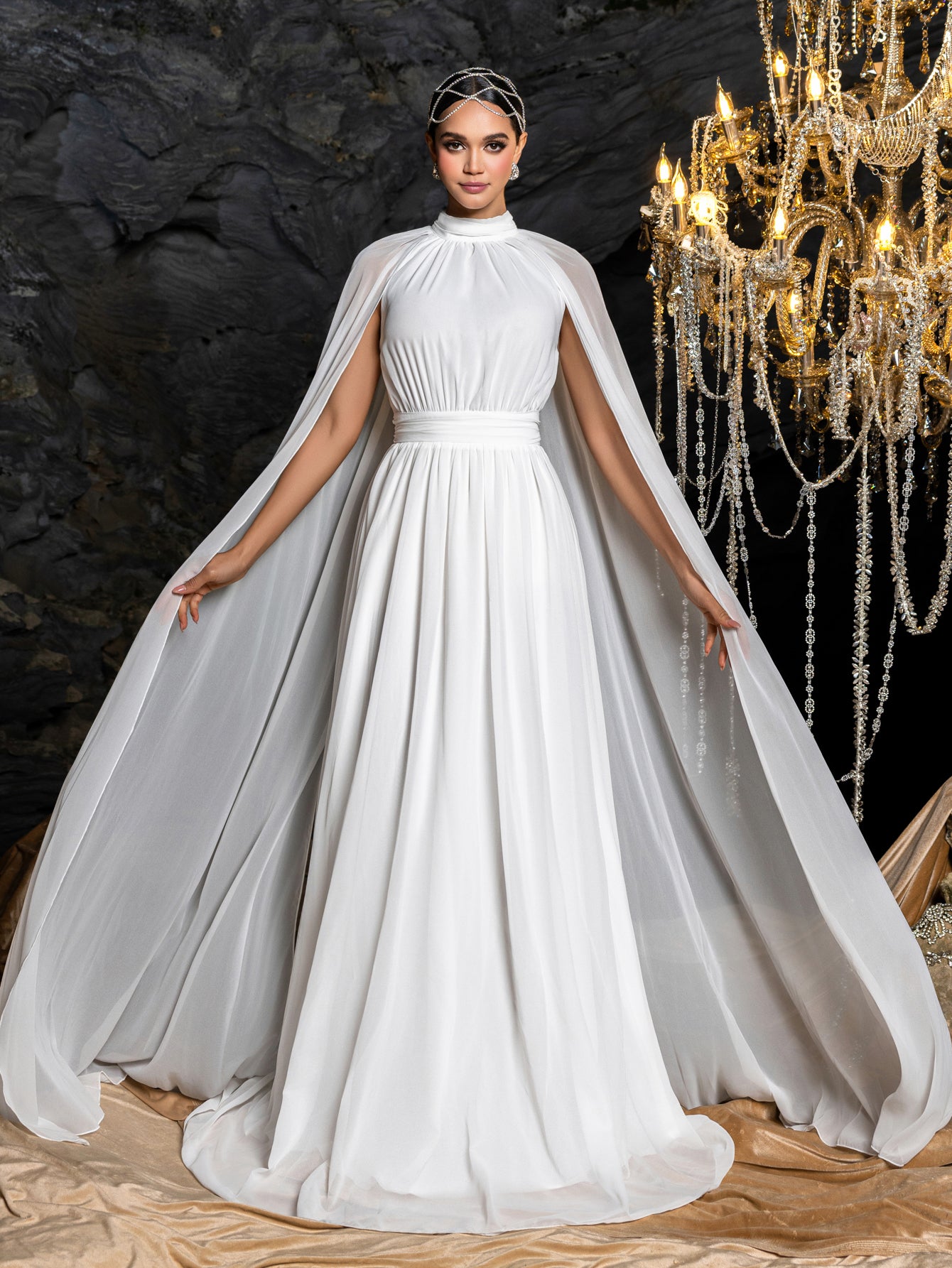 Elegant Mock Neck Cloak Sleeve Chiffon Formal Dress