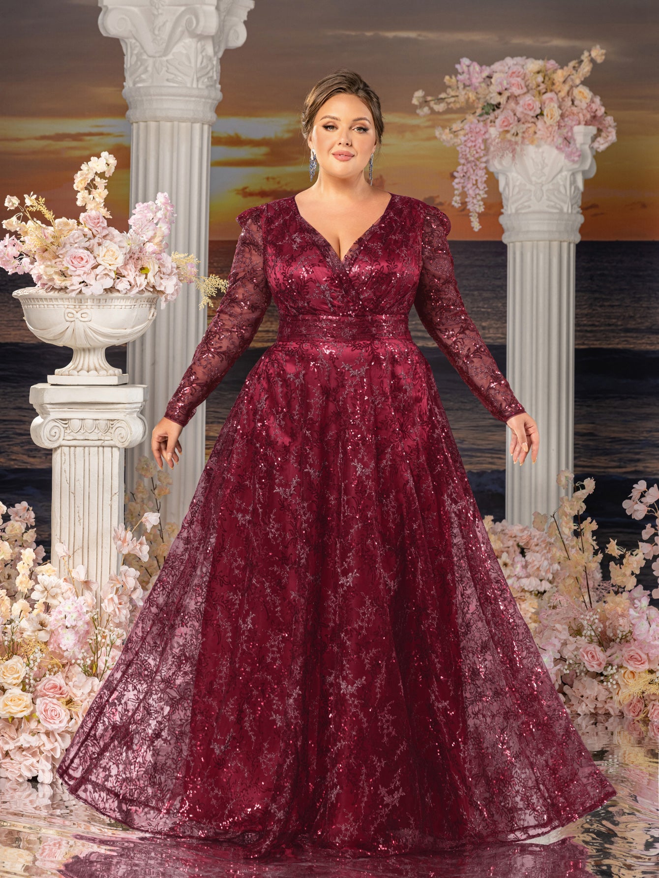 Plus Womens' Elegant Lace & Sequin Evening Gown - V-Neck Long Sleeve Design with Cinched Waist & Flowing A-Line Skirt for Coastal Weddings, Luxury Evening Events