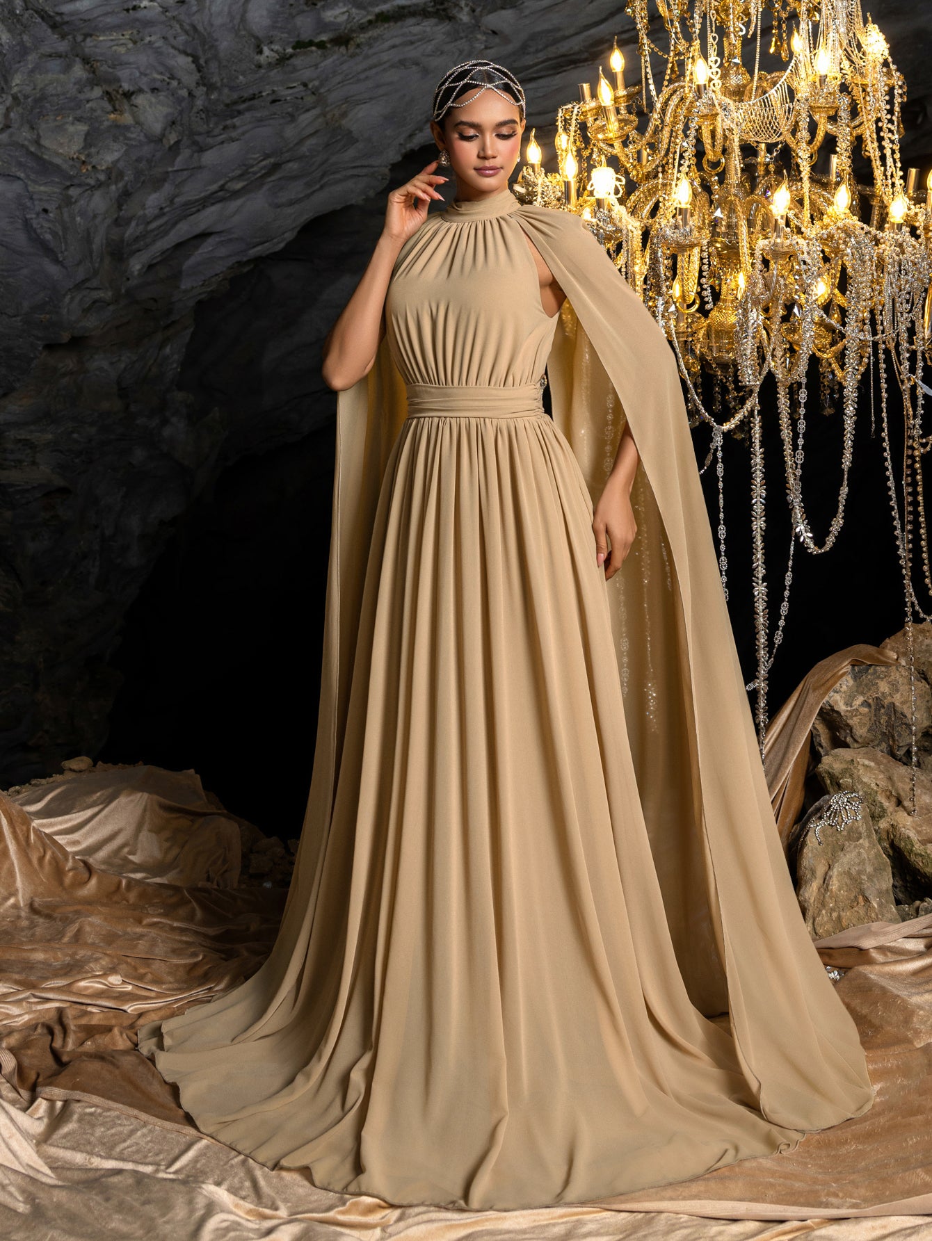Elegant Mock Neck Cloak Sleeve Chiffon Formal Dress