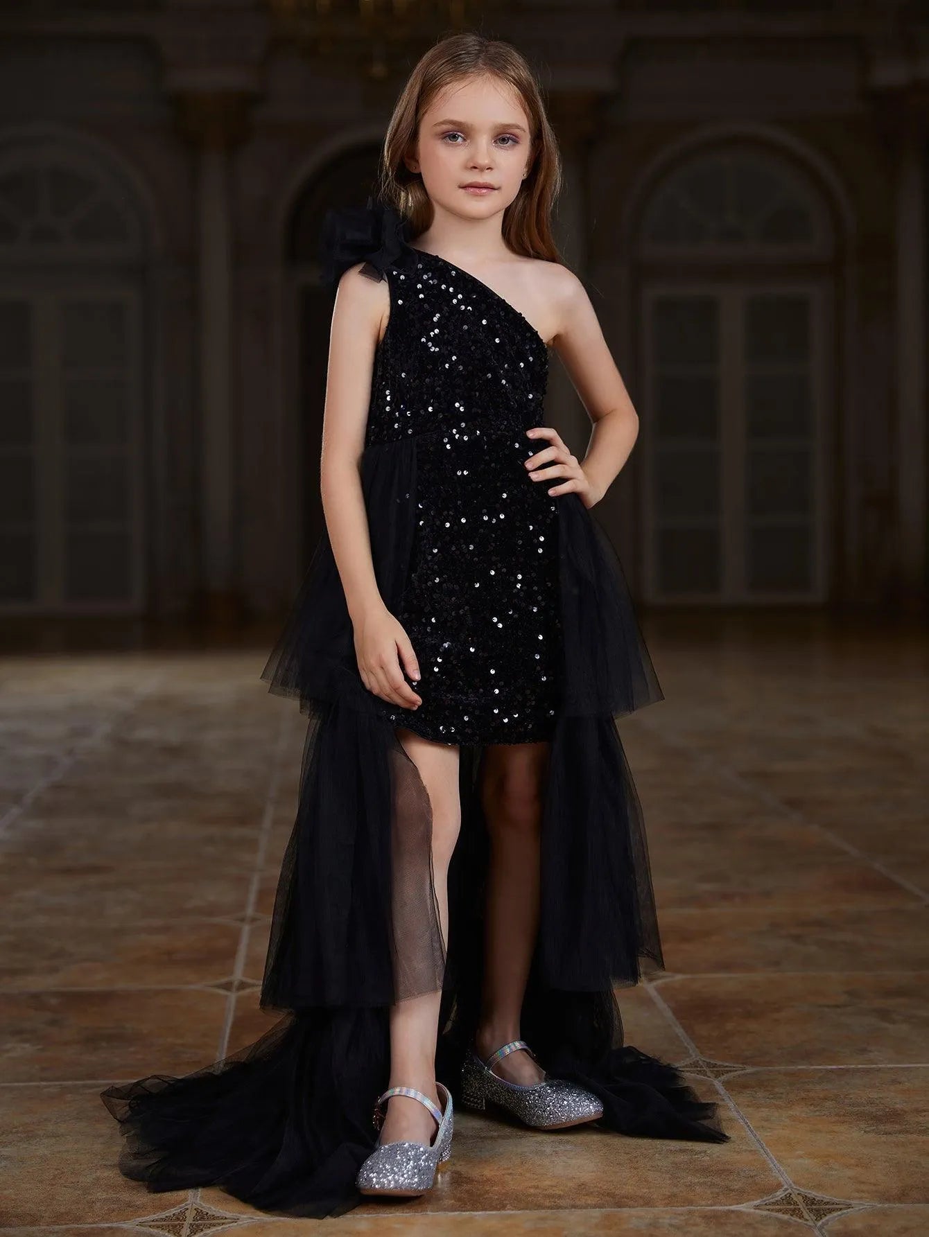 Tween Girls' One Shoulder Mesh Layered Hem Sequin Dress Army Green / 11Y Tween Girls' One Shoulder Mesh Layered Hem Sequin Dress Army Green / 11Y