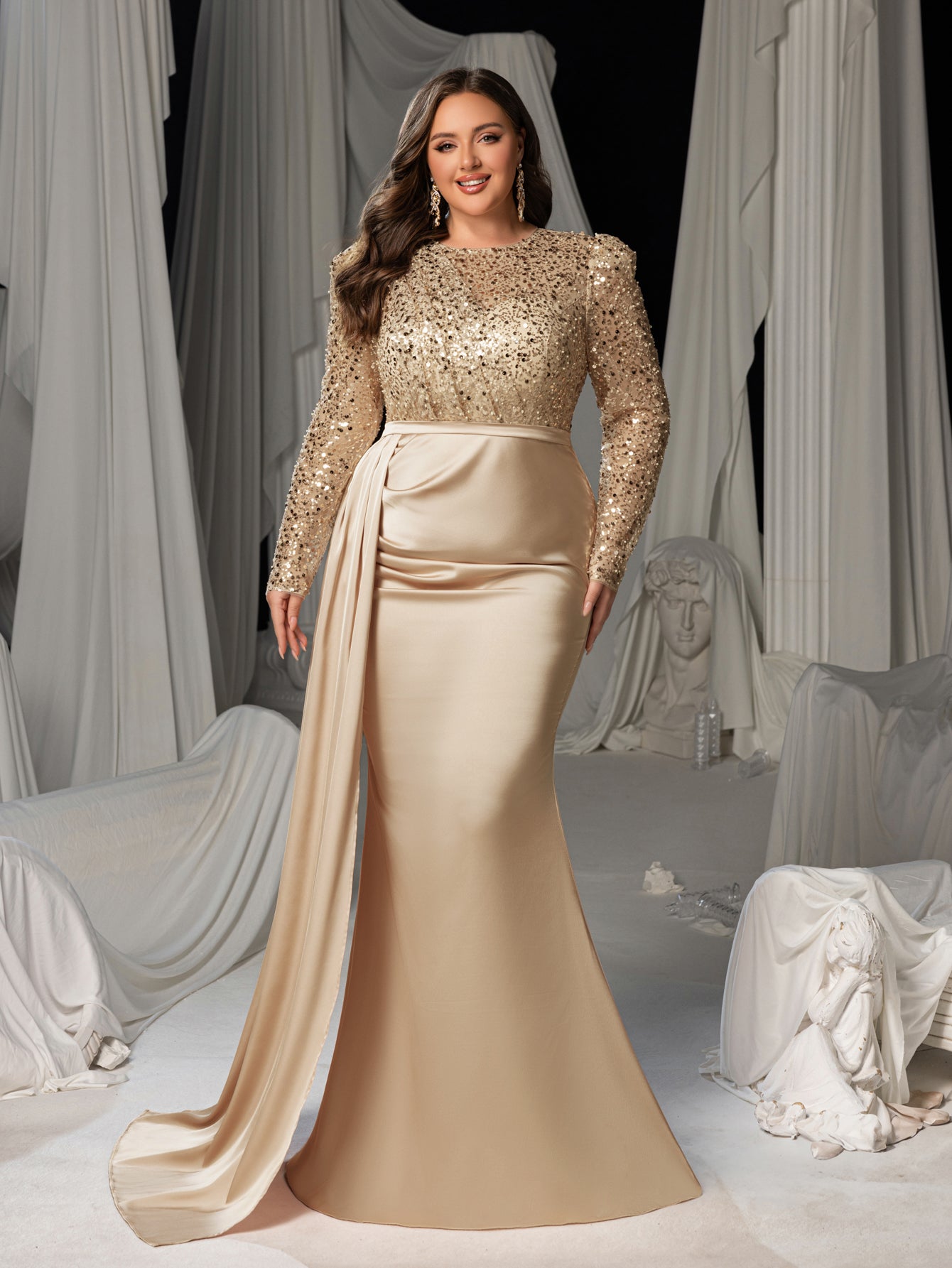 Plus Round Neck Long Sleeves Formal Evening Dress with Sequin Bodice and Satin Mermaid Skirt