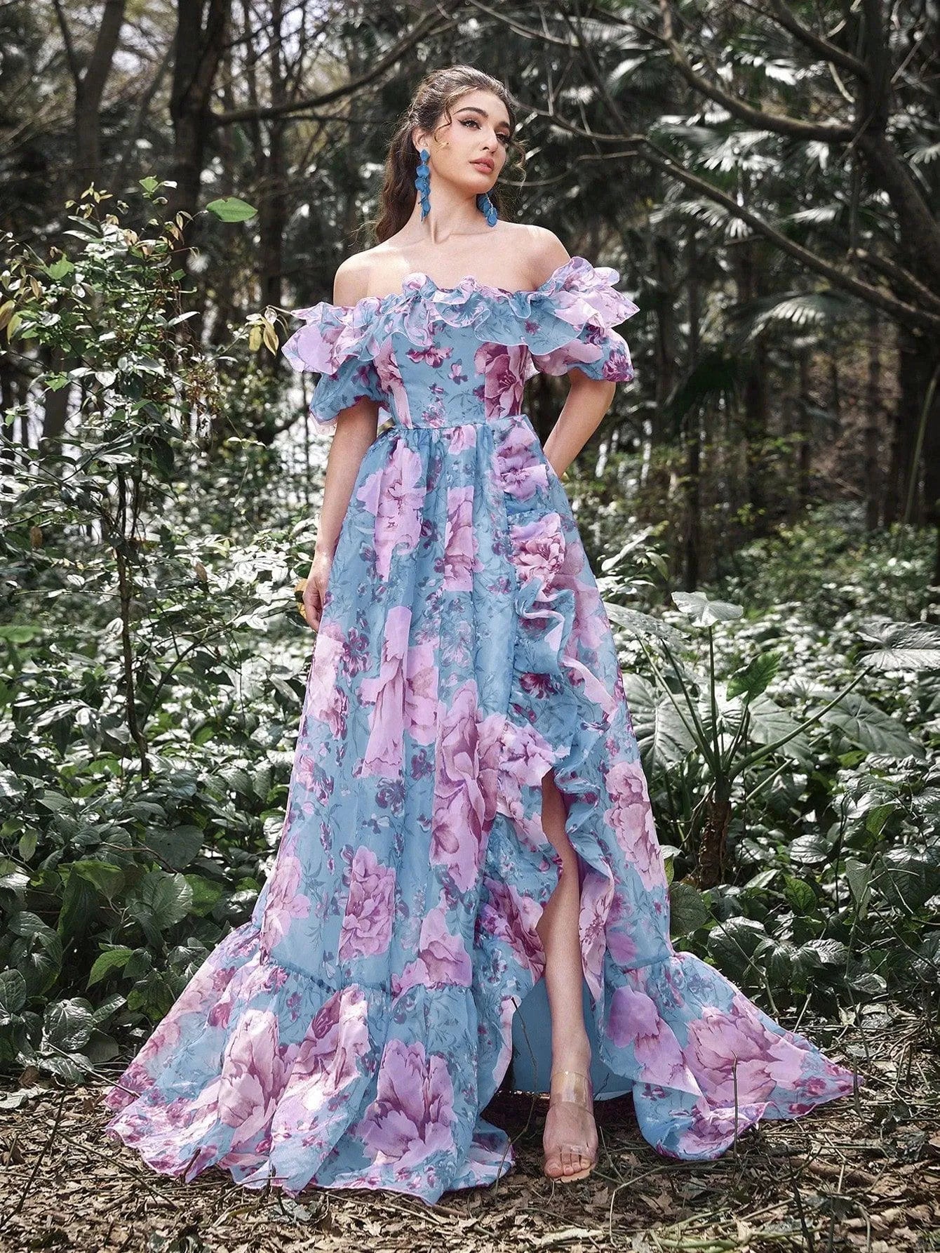 Elegant Ruffle Trim Off Shoulder Floral Organza Prom Dress Dark Green / XS Elegant Ruffle Trim Off Shoulder Floral Organza Prom Dress Dark Green / XS