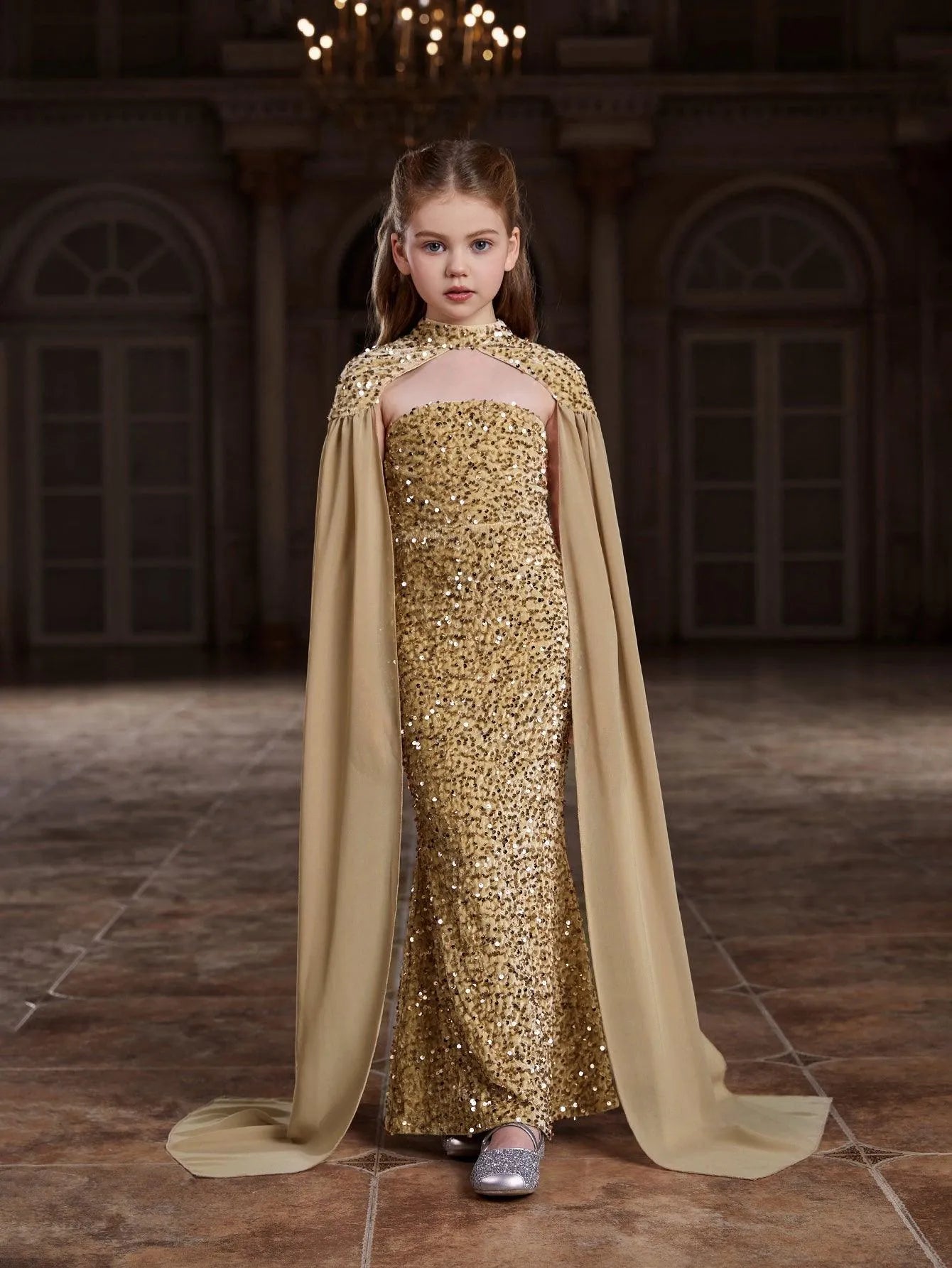 Tween Girls' Sequin Tube Party Dress Removable Cape Champagne / 8Y Tween Girls' Sequin Tube Party Dress Removable Cape Champagne / 8Y