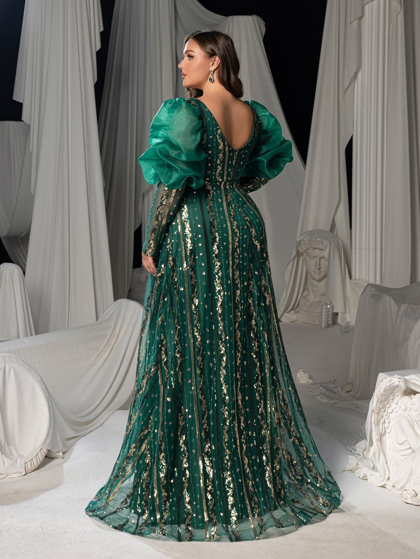 Plus Luxury Plunging Neck Backless Gigot Sleeves Maxi Prom Dress Green / 2XL Plus Luxury Plunging Neck Backless Gigot Sleeves Maxi Prom Dress Green / 2XL