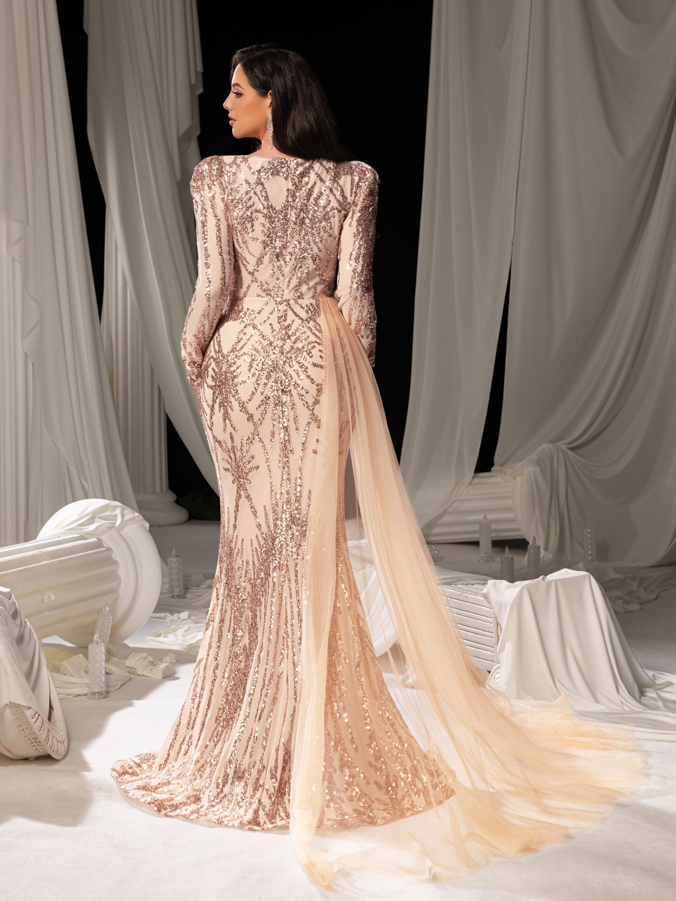 Gorgeous Graphic Sequin Sheer Overlay Mermaid Hem Evening Dress