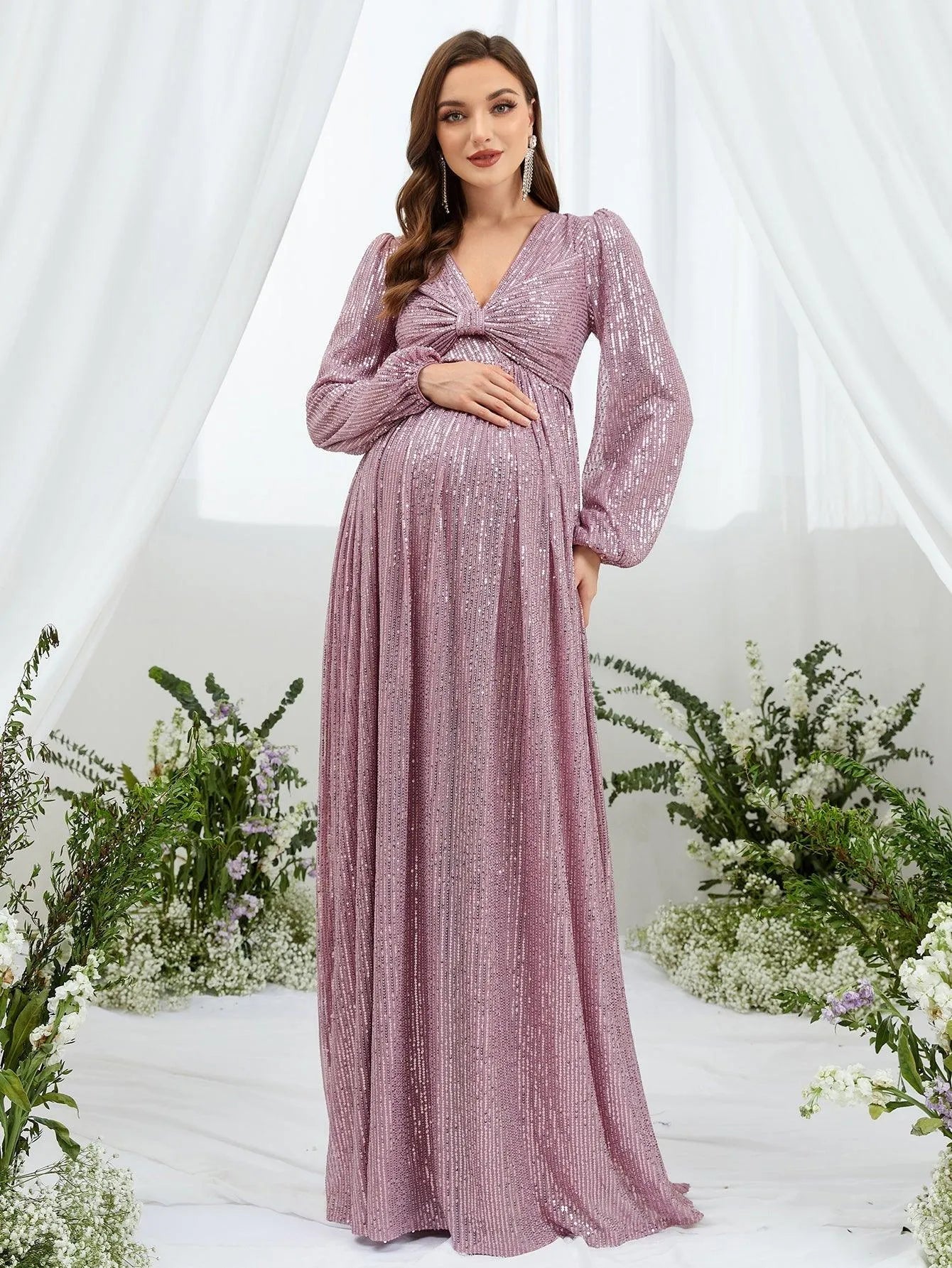 Maternity Ruched Bust Lantern Sleeve Sequin Party Dress Mauve / M