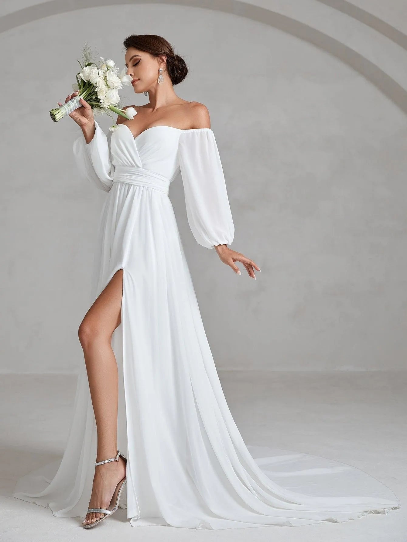 off shoulder lantern sleeve dress Fairytale Off Shoulder Long Sleeves Tulle Wedding Dress Aline with Lantern Sleeves
