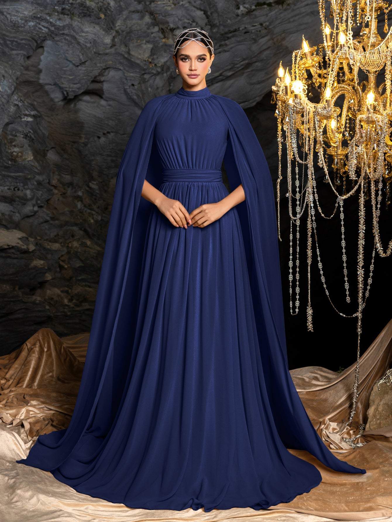 Elegant Mock Neck Cloak Sleeve Chiffon Formal Dress