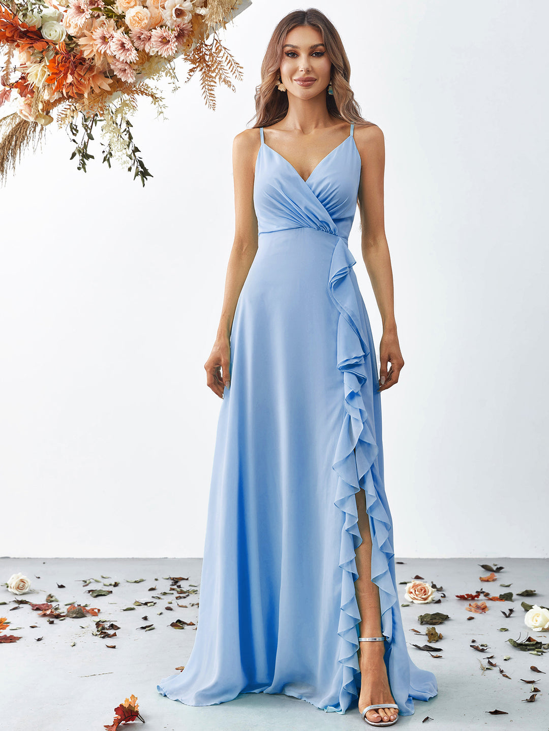 Elegant V Neck Sleeveless Ruffle Slit Chiffon A Line Dresses Blue / M Elegant V Neck Sleeveless Ruffle Slit Chiffon A Line Dresses Blue / M