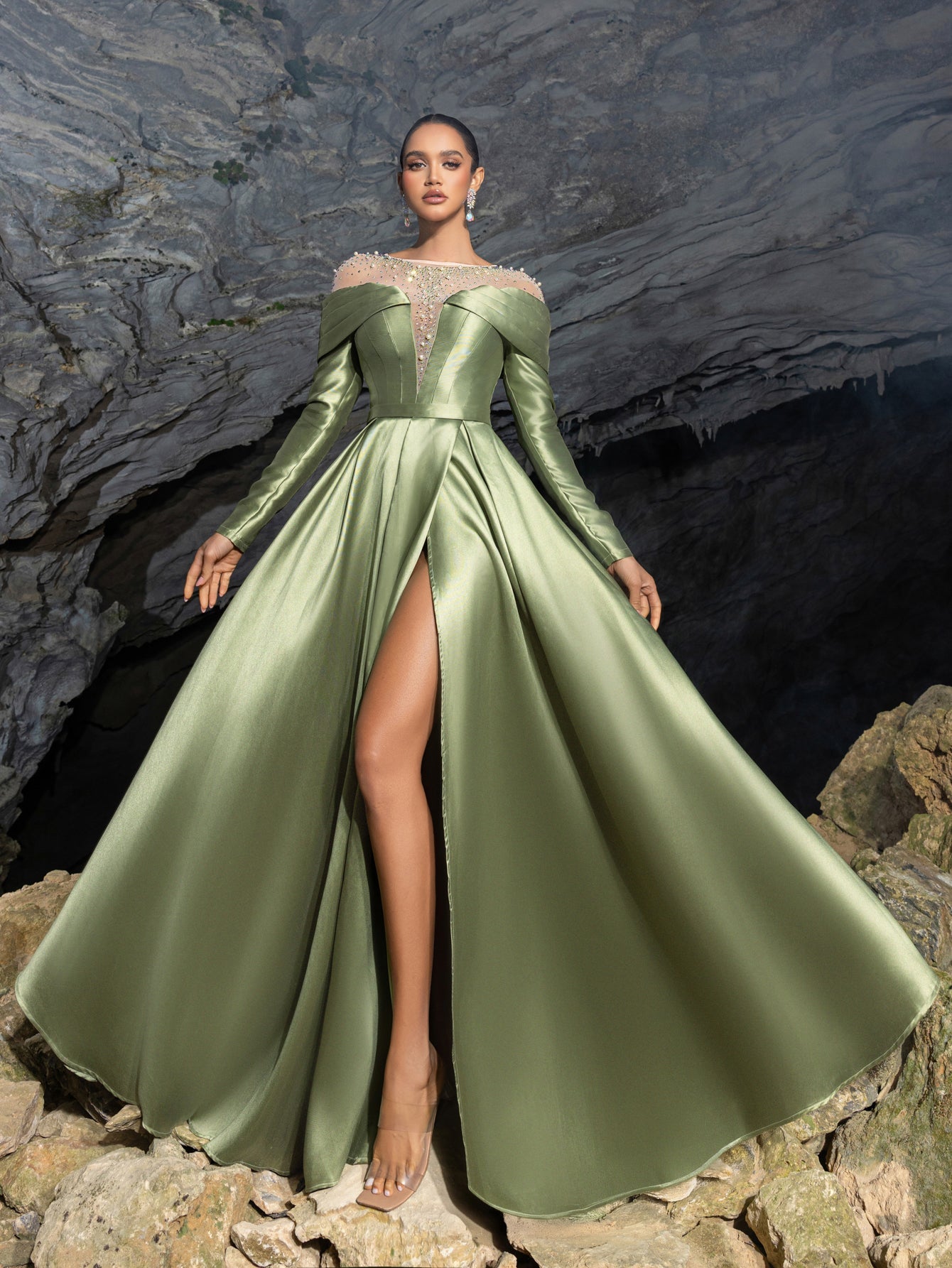 Luxury Beaded Evening Gown with Off-Shoulder Mesh Insert, High Slit Satin Dress for Red Carpet & Gala Events