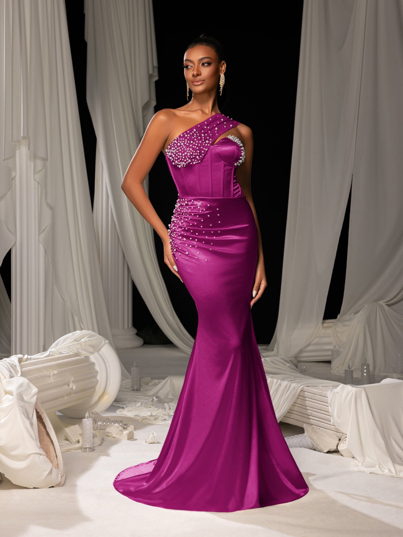 Elegant One Shoulder Mermaid Hem Satin Evening Dress with Pearl Accents