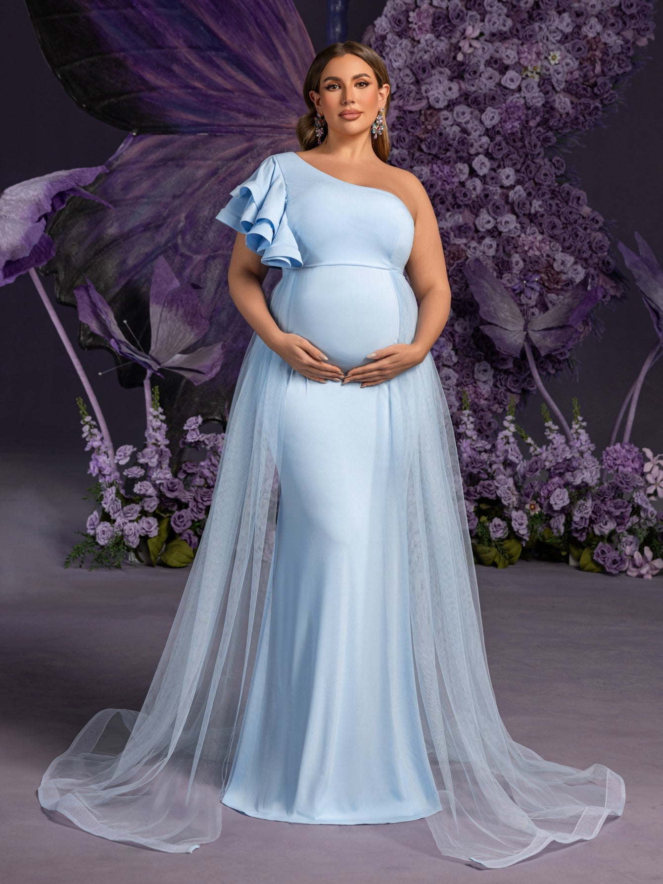Plus Maternity  Evening Gown with Asymmetrical Ruffle Neckline & Tulle Train – Elegant Pregnancy Evening Dress for Photoshoots & Galas