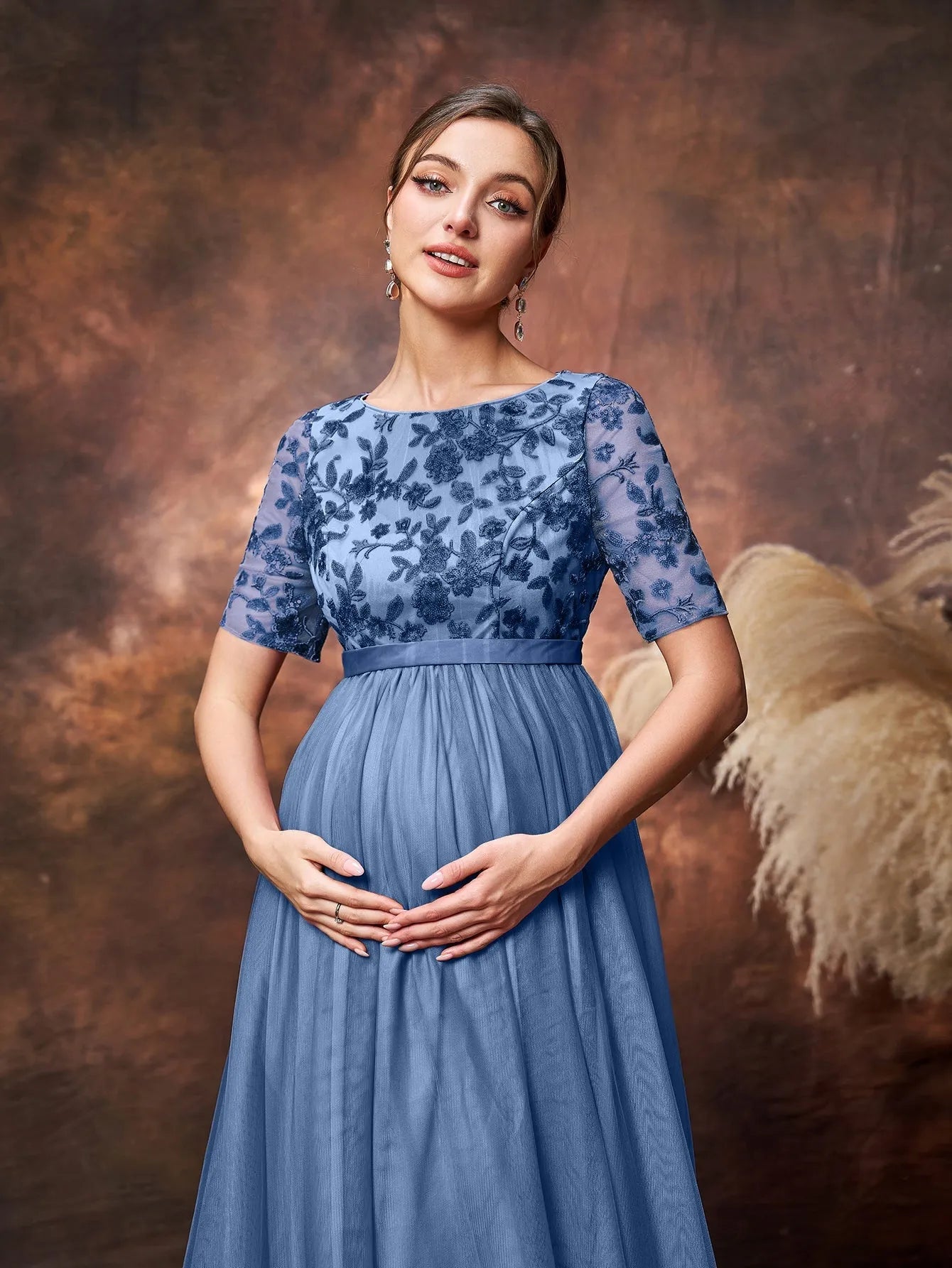 Maternity Floral Sequin Embroidered Bodice Formal Party Dress Blue Ashes / XXL