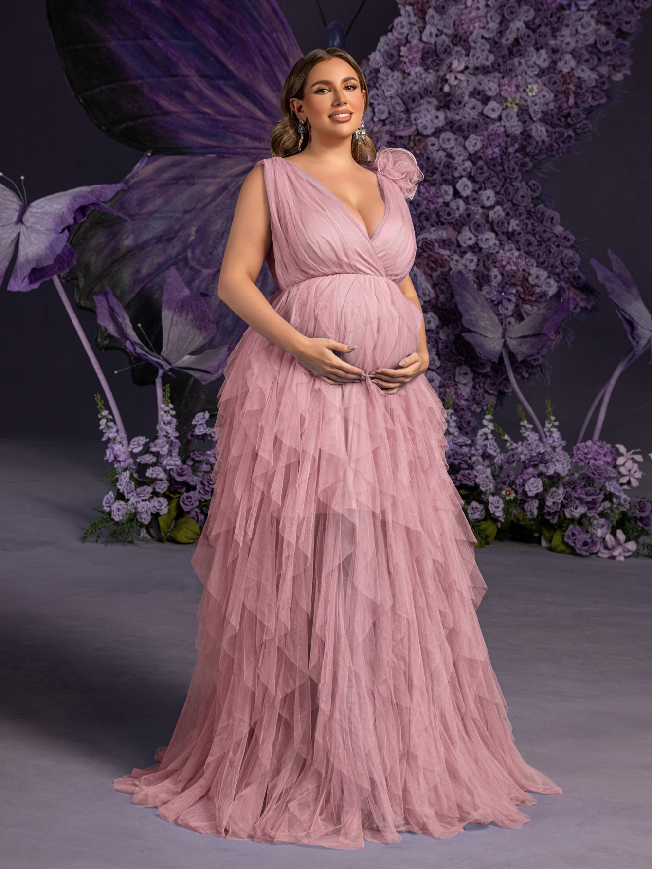 Plus Maternity Plunging Neck Stereo Flower Mesh Overlay Party Dress