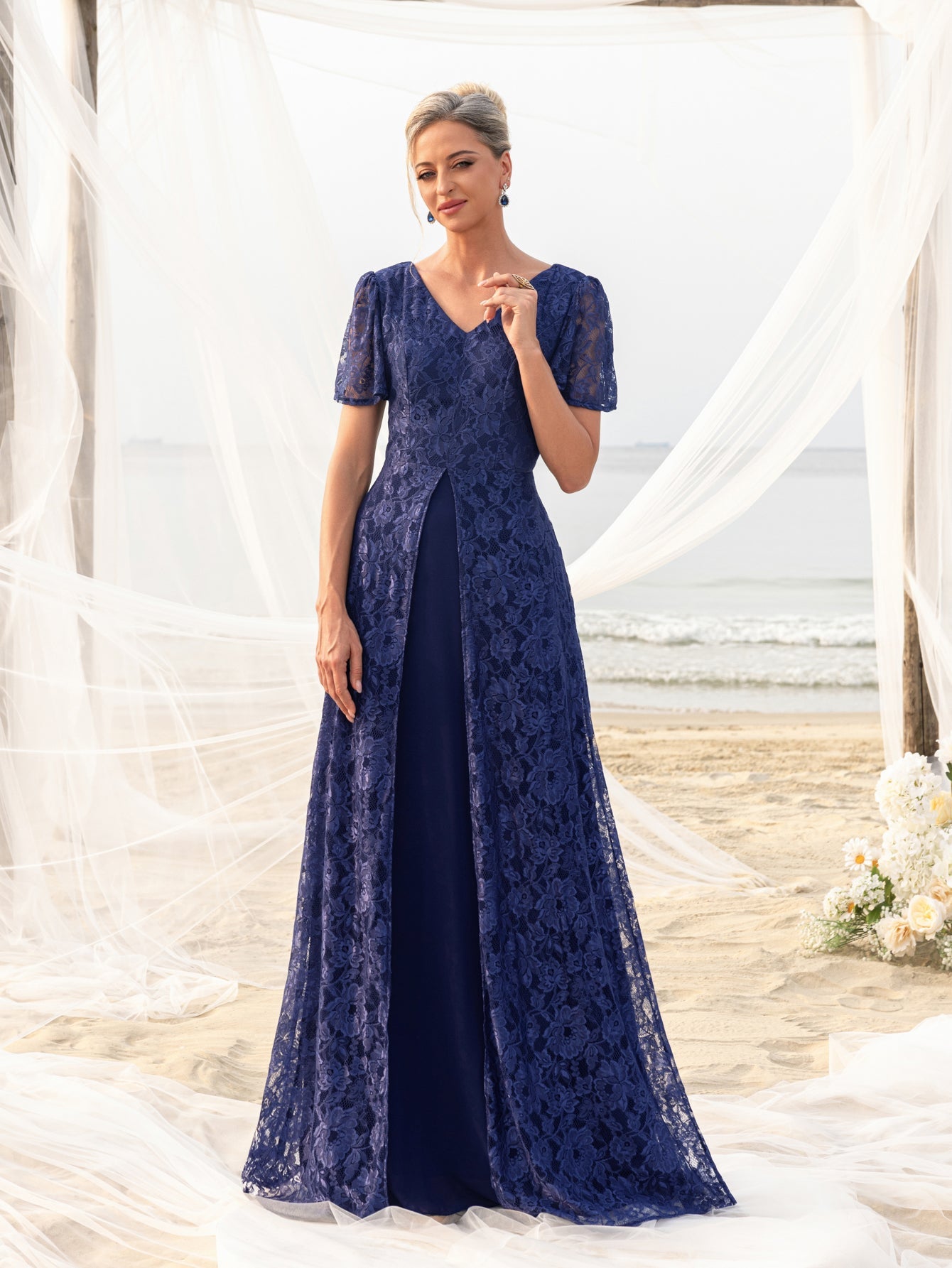 Womens' Elegant Lace Floor-Length Gown with V-Neck & Ruffle Sleeves – Elegant Floral Accents, Deep V-Back Design for Beach Weddings & Formal Evening Events