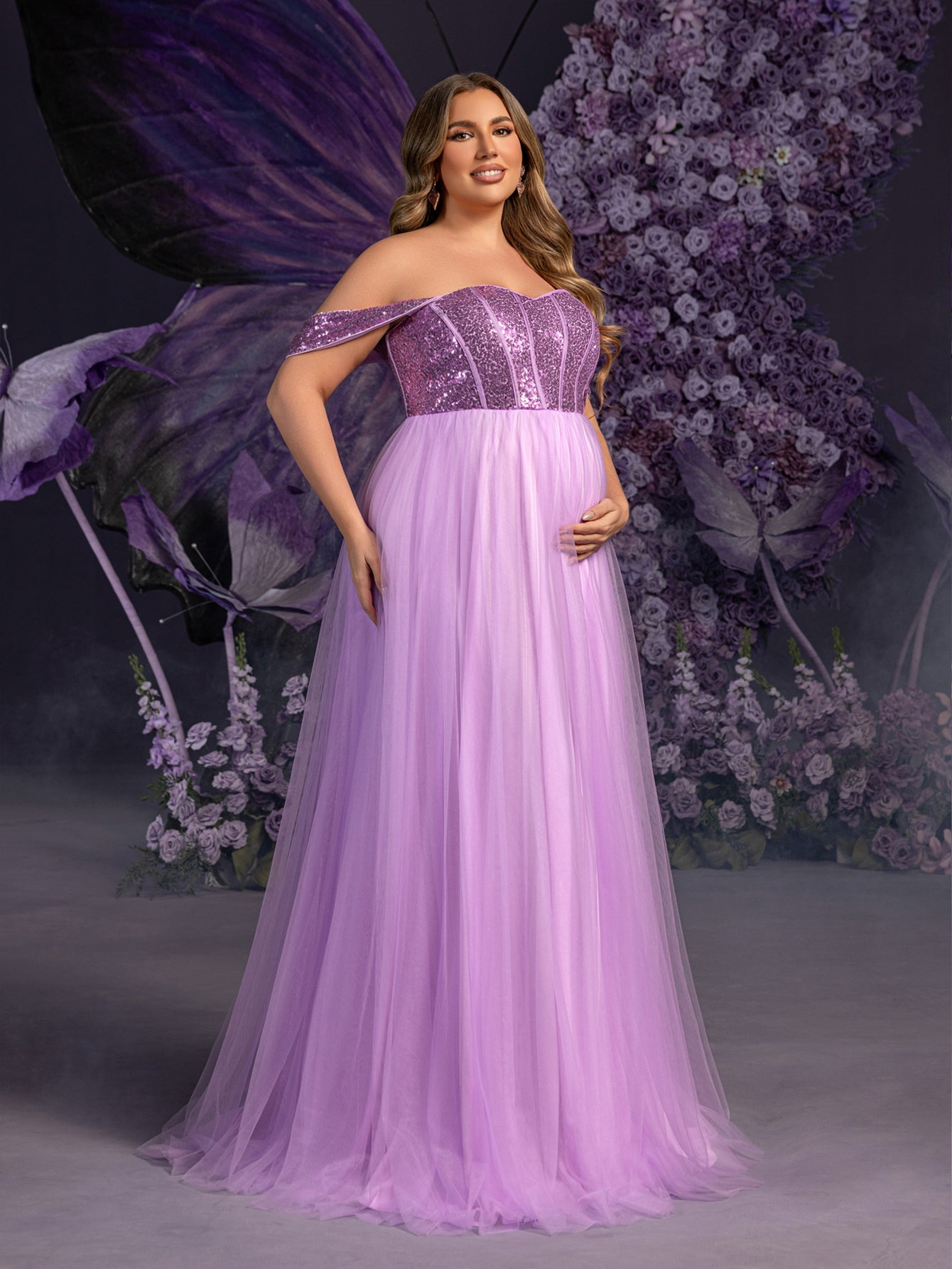 Plus Maternity  Off Shoulder Sequin Bodice Contrast Tulle Evening Dress