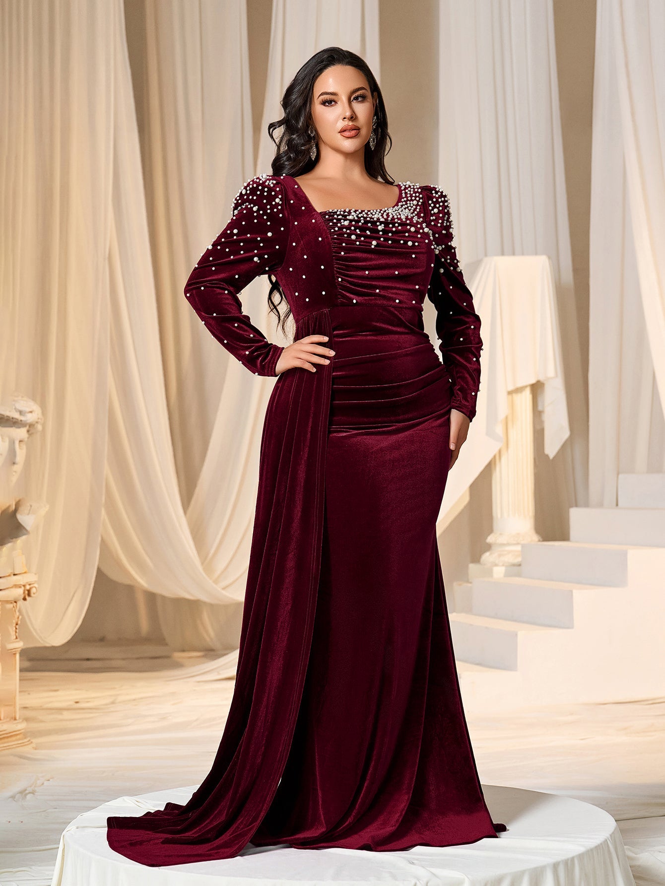 Plus Elegant Pearl Embellished Diagonal Neck Mermaid Hem Velvet Evening Dress