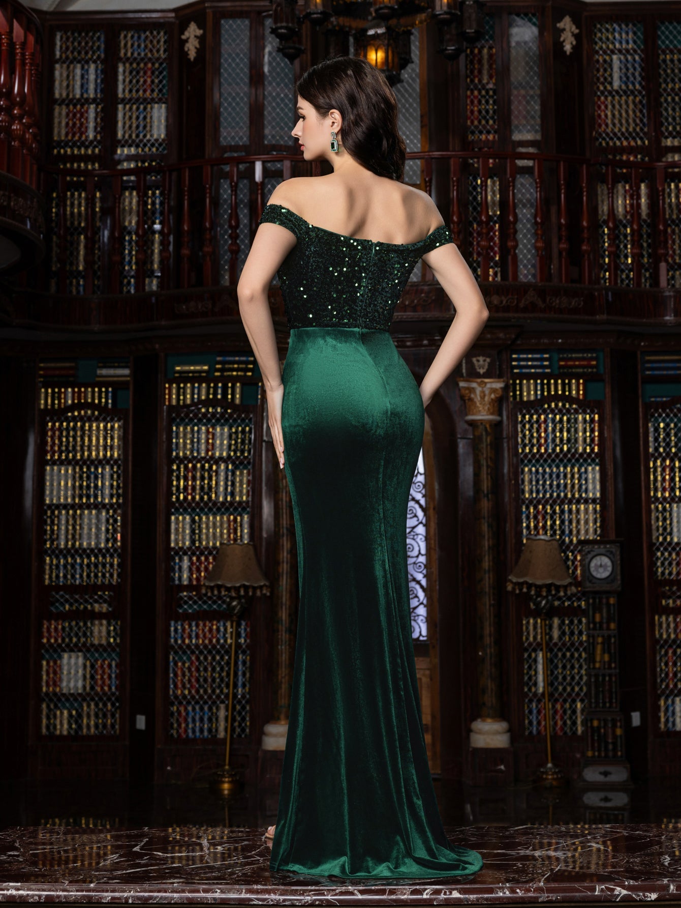 Elegant Off-Shoulder Mermaid Gown with Sequined Velvet, High Slit & Floor-Length Train