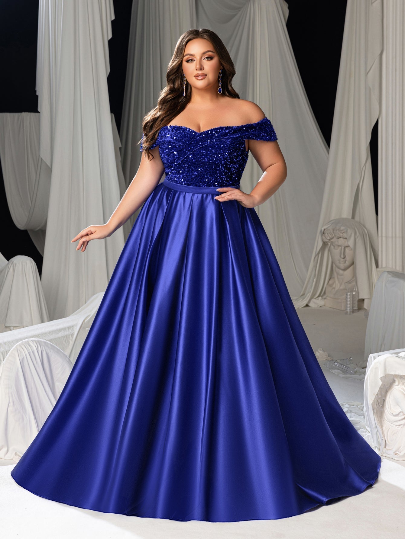Plus Size Off-Shoulder Sequin Evening Gown - Formal Dress with Voluminous Satin Skirt