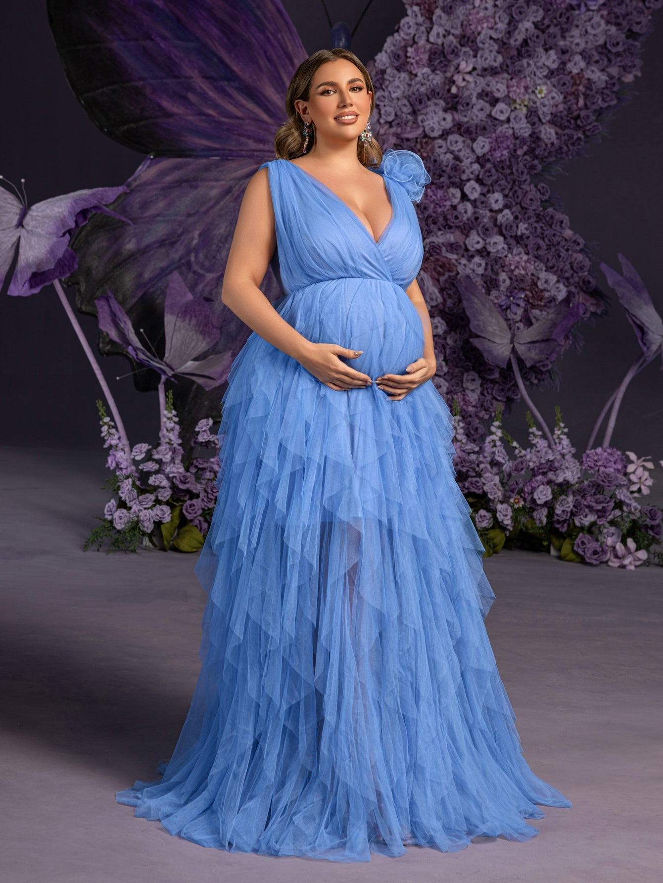 Plus Maternity Plunging Neck Stereo Flower Mesh Overlay Party Dress