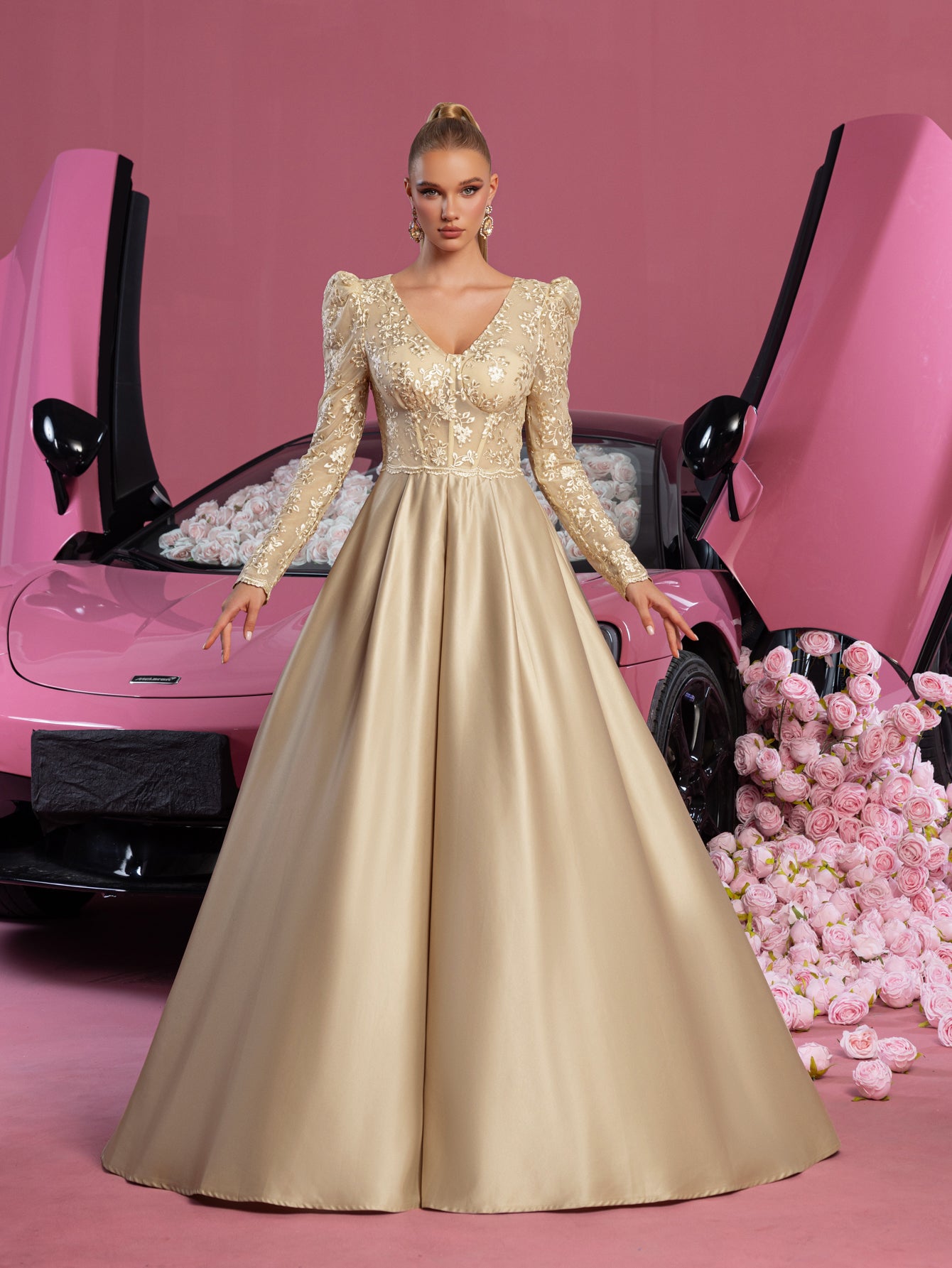 Elegant V Neck Lace Bodice Satin A-line Prom Dress  Faeriesty