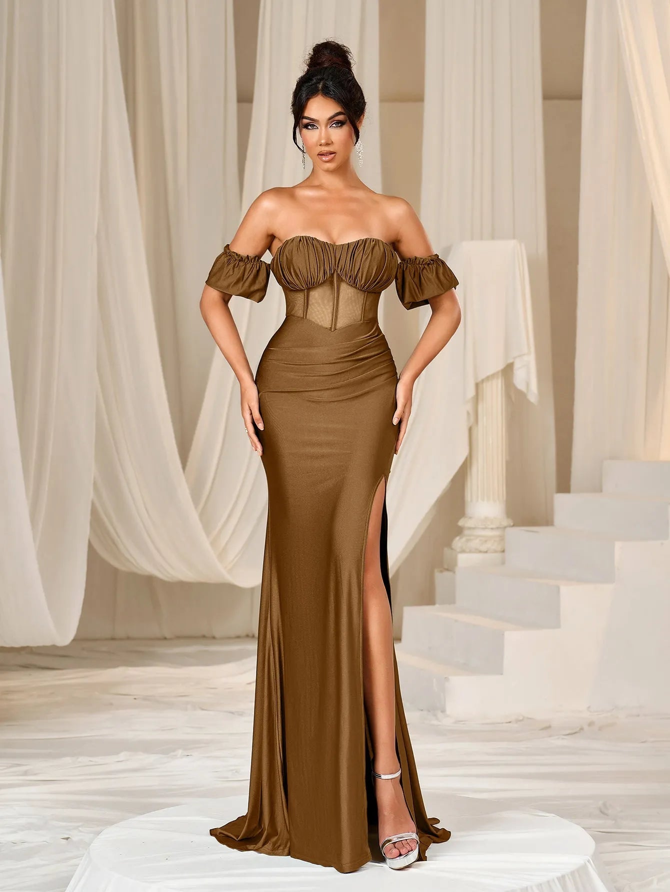 Elegant Off Shoulder Ruched Bust Split Mermaid Hem Evening Dress Burgundy / L
