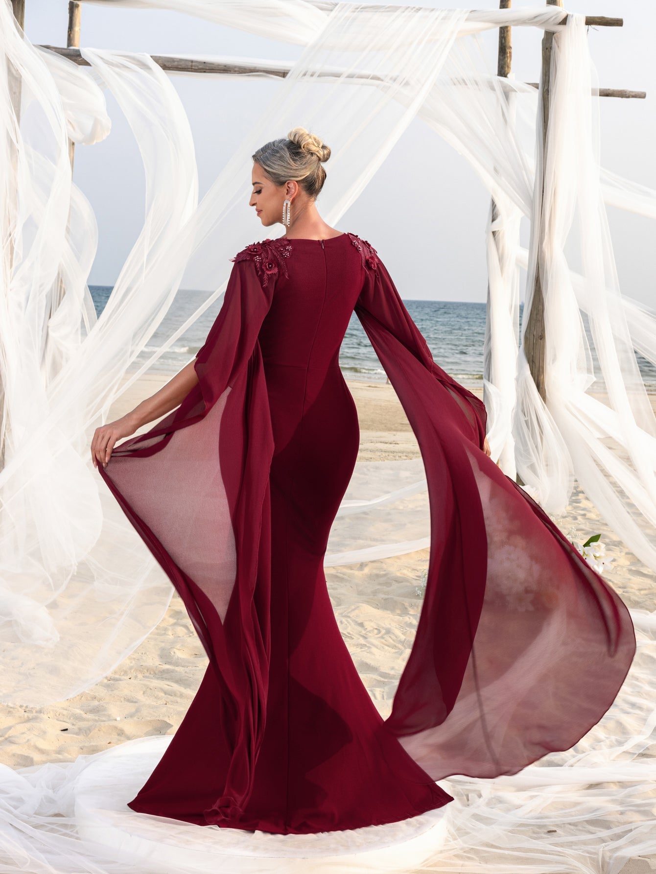 Womens' Mermaid Silhouette Formal Dress with Flared Chiffon Sleeves & Floral Appliqué Detailing