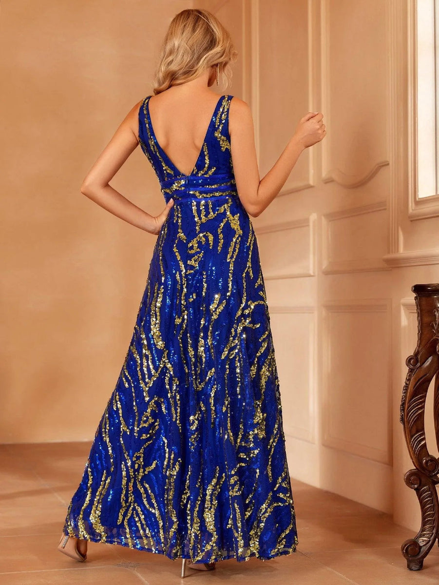 Plunge Neck Wrap Hem Sequin Prom Dress
