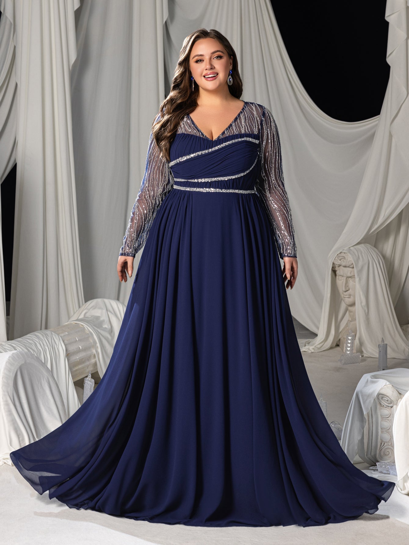 Plus Chiffon V-Neck Evening Gown with Silver Sequined Translucent Sleeves & Floor-Length Skirt
