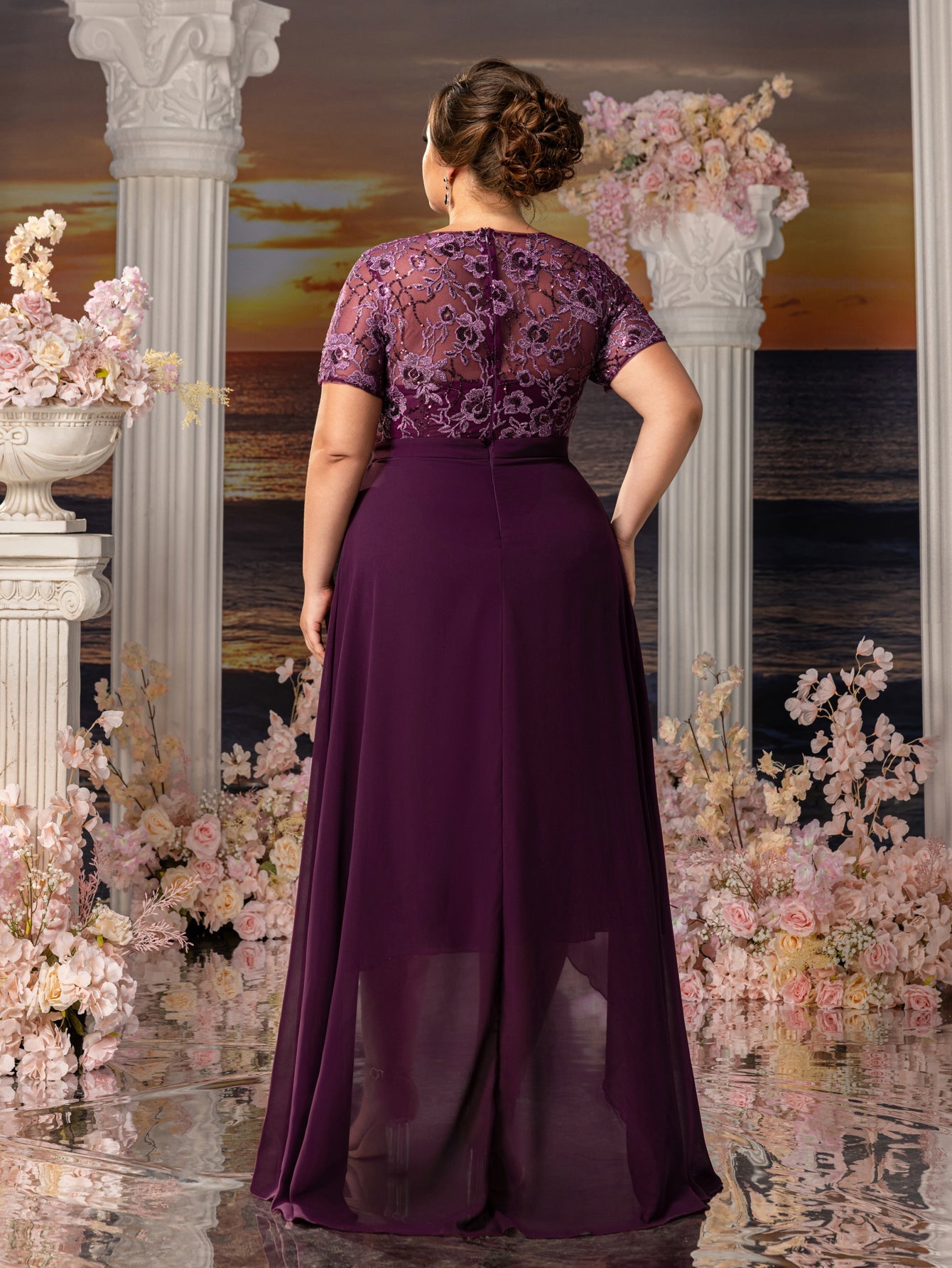 Plus Womens' Elegant Mother-of-the-Bride Gown: Embroidered Sequin Bodice with Asymmetric Chiffon Skirt – Formal Dress for Beach Weddings & Evening Galas