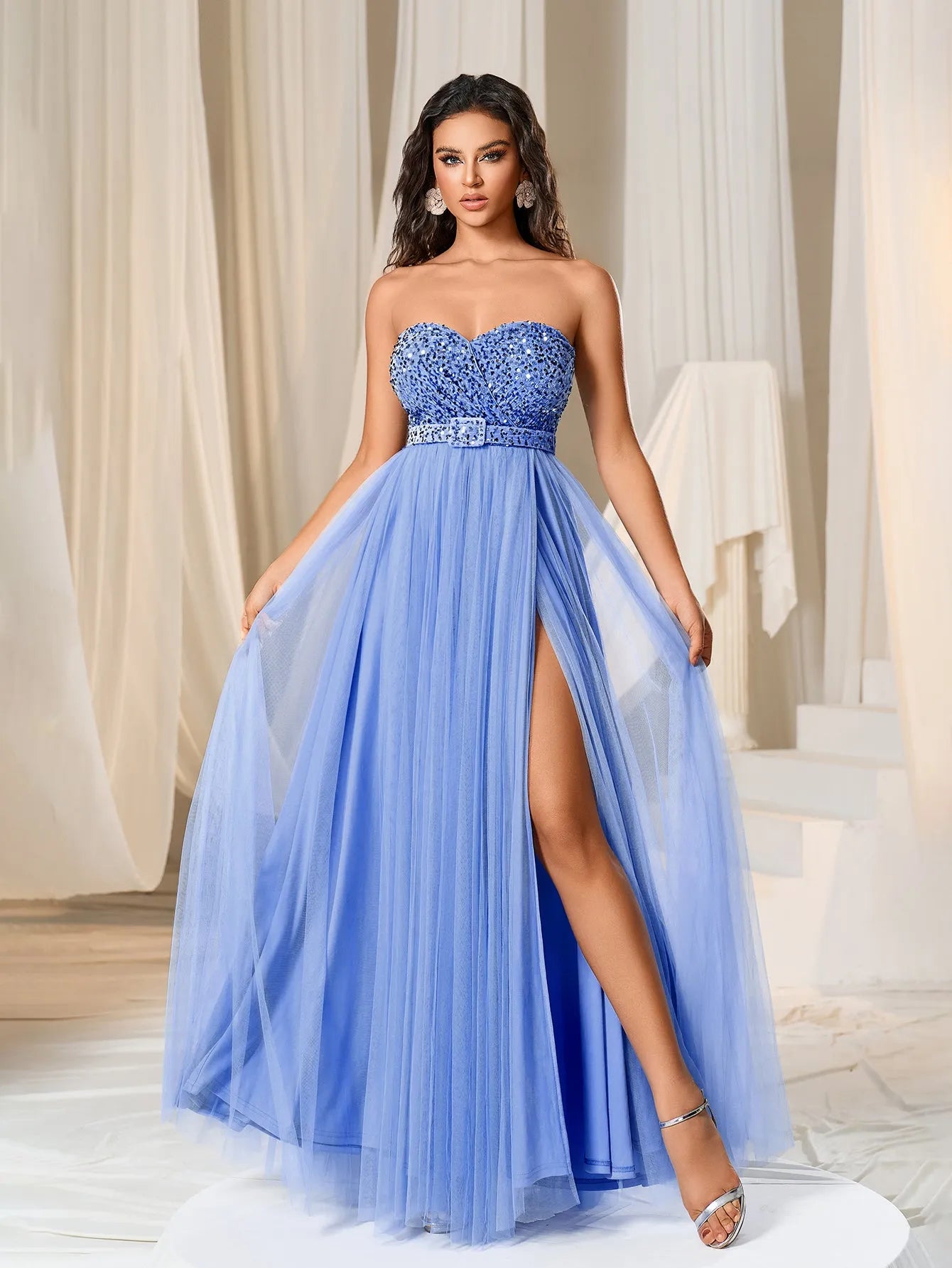 Elegant Strapless Split Thigh A-Line Formal Evening Dress Blue / M Elegant Strapless Split Thigh A-Line Formal Evening Dress Blue / M