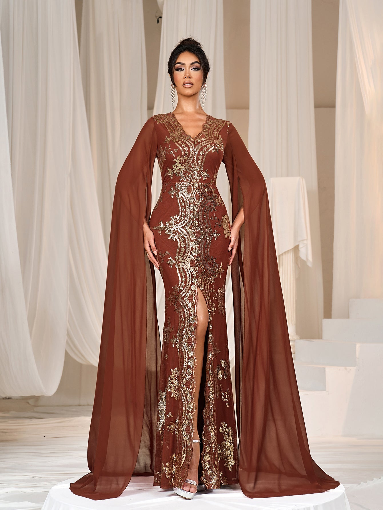 Gorgeous Sequin Embroidery Evening Gown - V-Neck Mermaid Dress with Cape Sleeves & High Slit