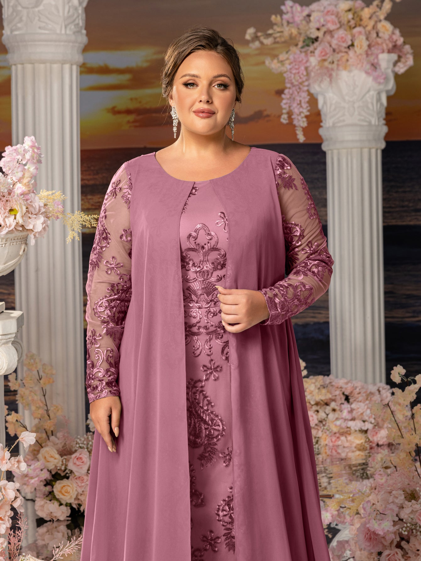 Plus Womens' Elegant Lace Mermaid Gown - Sheer Sleeves & Intricate Lace Patterns with Chiffon Overlay for Beach Weddings, Romantic Coastal Events