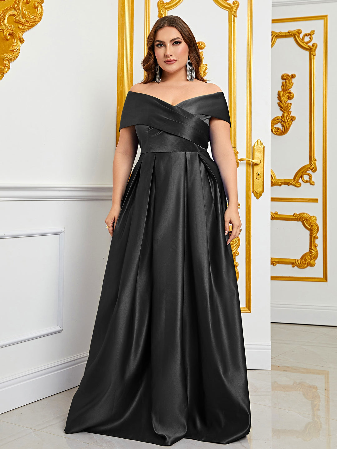 off the shoulder plus size evening dresses Ladivine 7482C Formal Long Dress Rose Gold / 20 Evening gown Beautiful draped fabrication Crossover neckline Cap sleeves Hidden back zipper closure Maxi length Occasion Plus Elegant Off Shoulder Satin