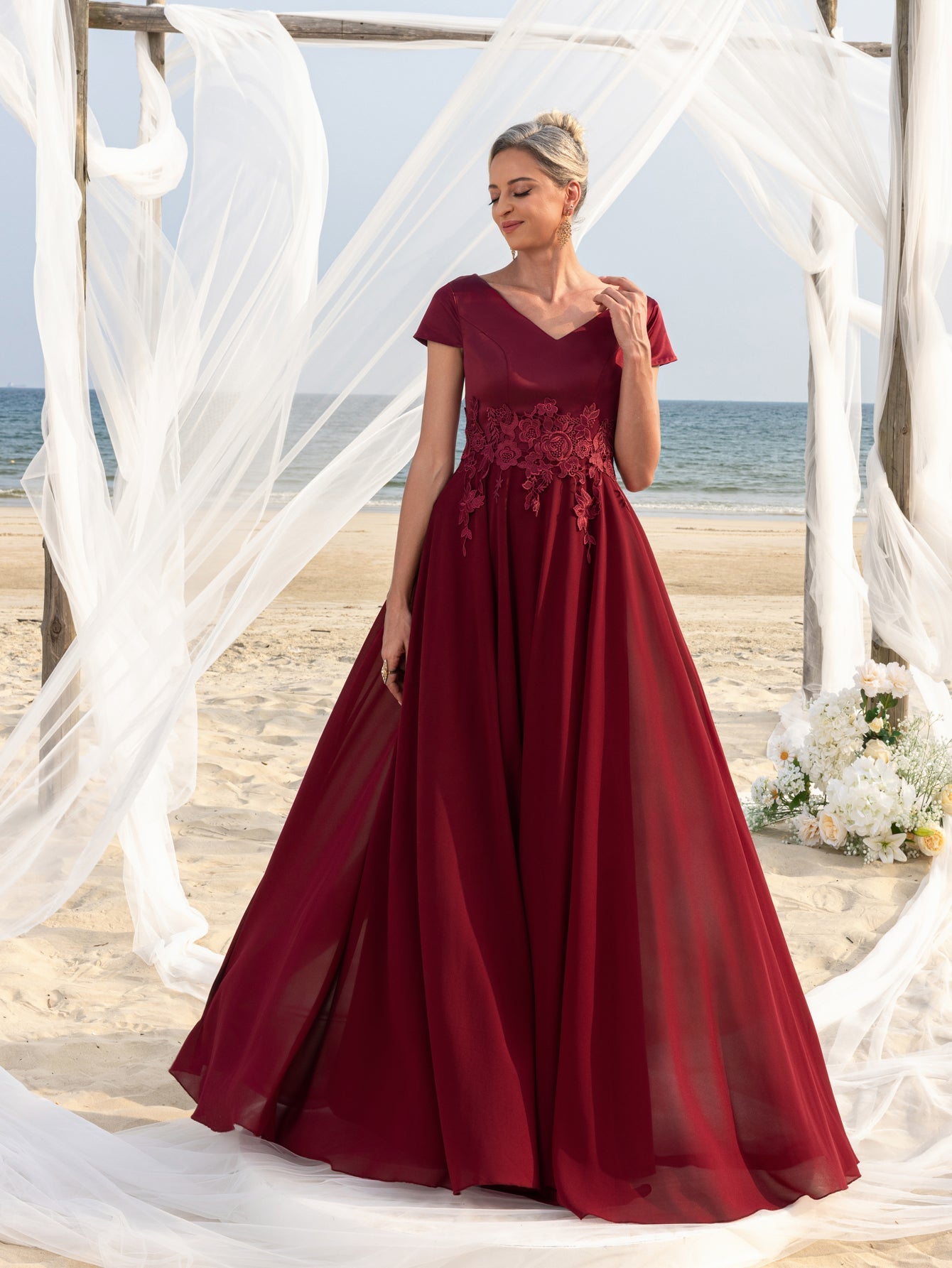 Womens' Elegant Chiffon Evening Gown with V-Neck & Short Sleeves – Intricate Lace Floral Appliqués on Bodice, Floor-Length Flowing Skirt for Outdoor Ceremonies, Formal Garden Parties & Upscale Evening Events