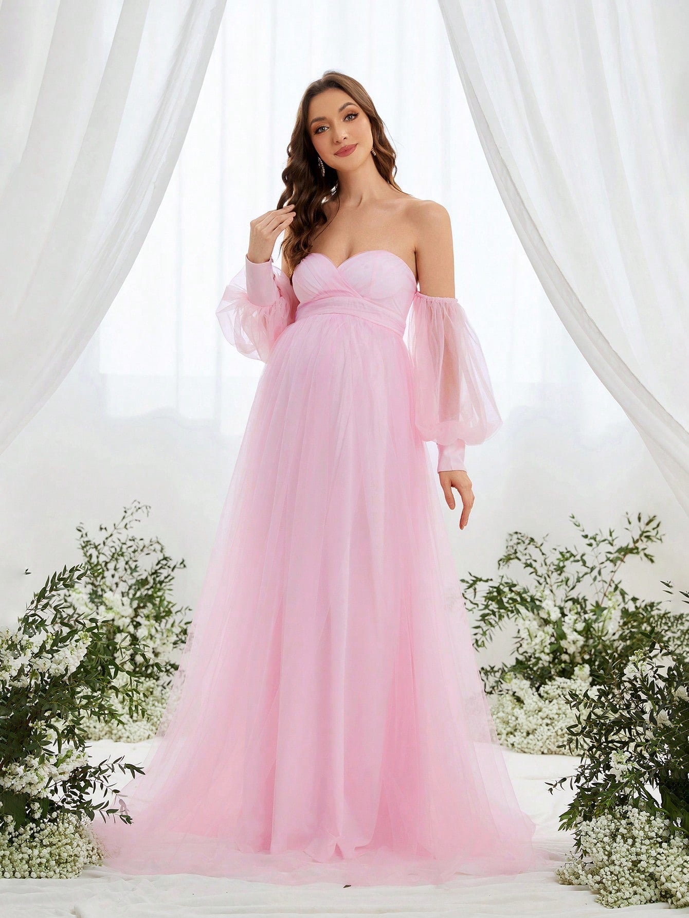 Maternity Off-Shoulder Evening Gown with Puff Sleeves – Flowy Tulle Dress for Pregnancy Photoshoots & Baby Showers