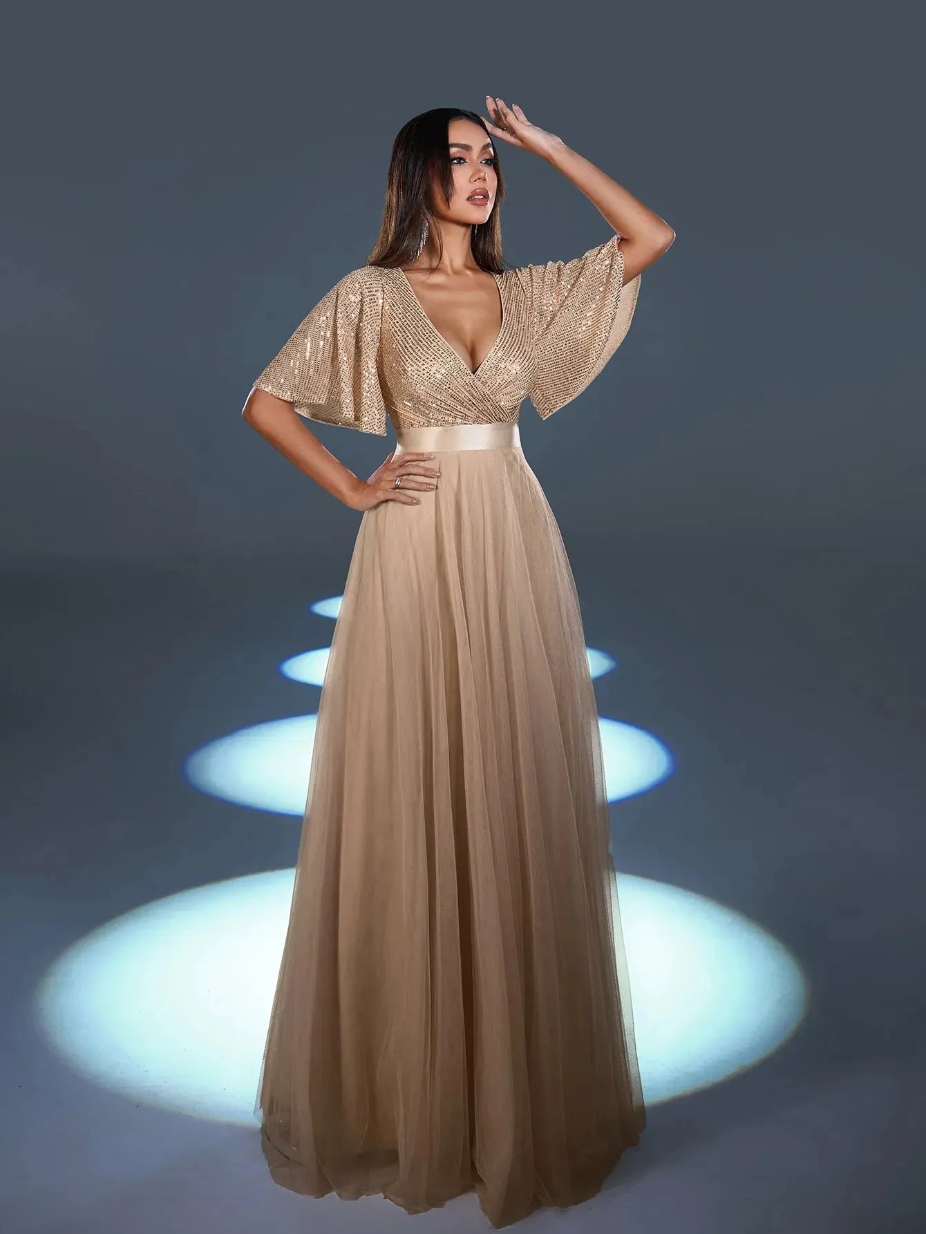 Elegant Surplice Neck Butterfly Sleeves Sequin Party Dress Champagne / M Elegant Surplice Neck Butterfly Sleeves Sequin Party Dress Champagne / M
