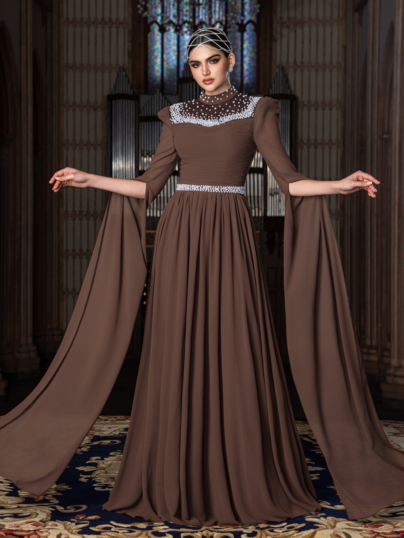 Elegant Mock Neck Extra-Long Sleeves Chiffon Evening Gown with White Bead Accents