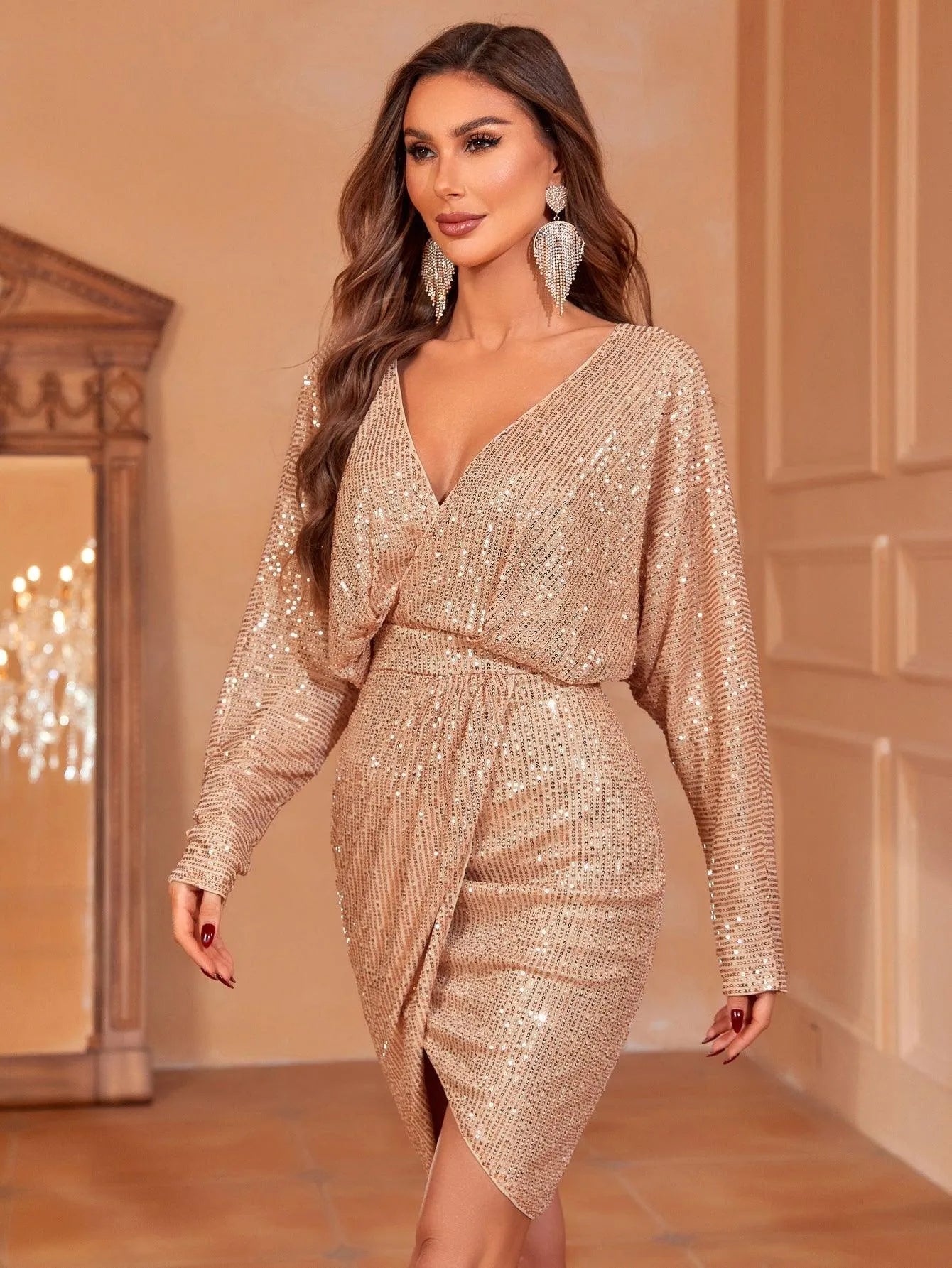 sequin dolman sleeve dress Rose Gold Sequin Short Dress With Dolman Sleeves