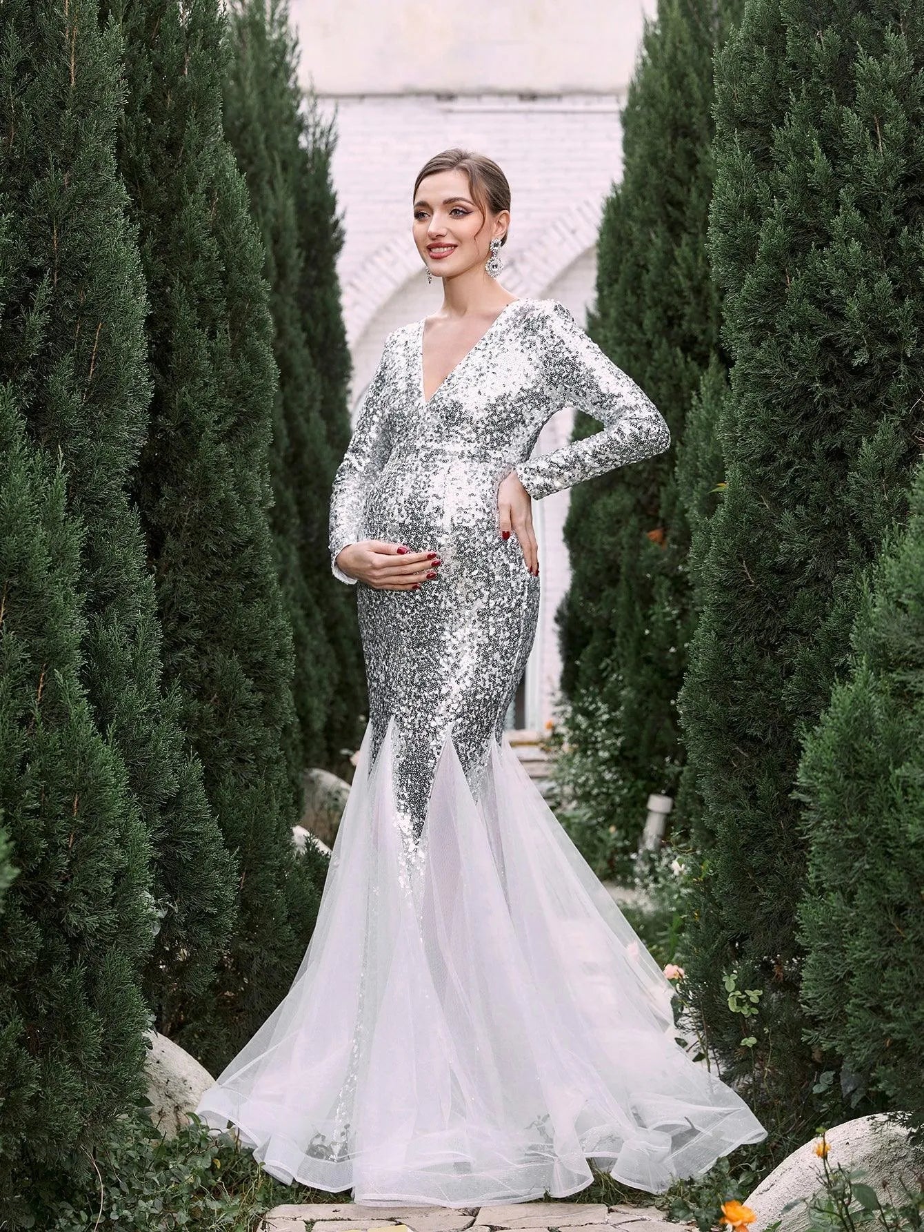 long sleeve sequin maternity dress Gold Sequin Long Sleeve Wrap Maternity Maxi Dress PinkBlush